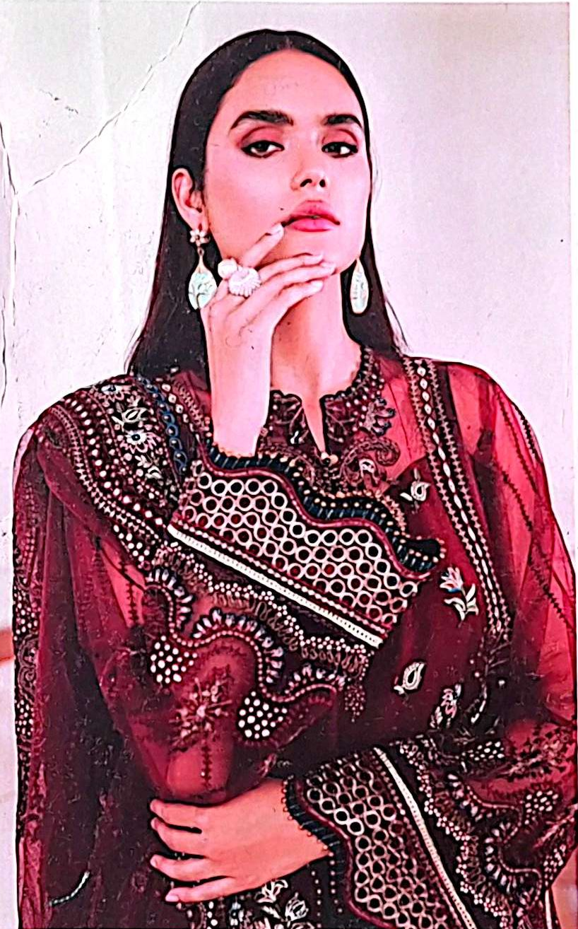 Jazmin Embroidered Net Unstitched 3-Piece Suit - Maroon Luxury Collection