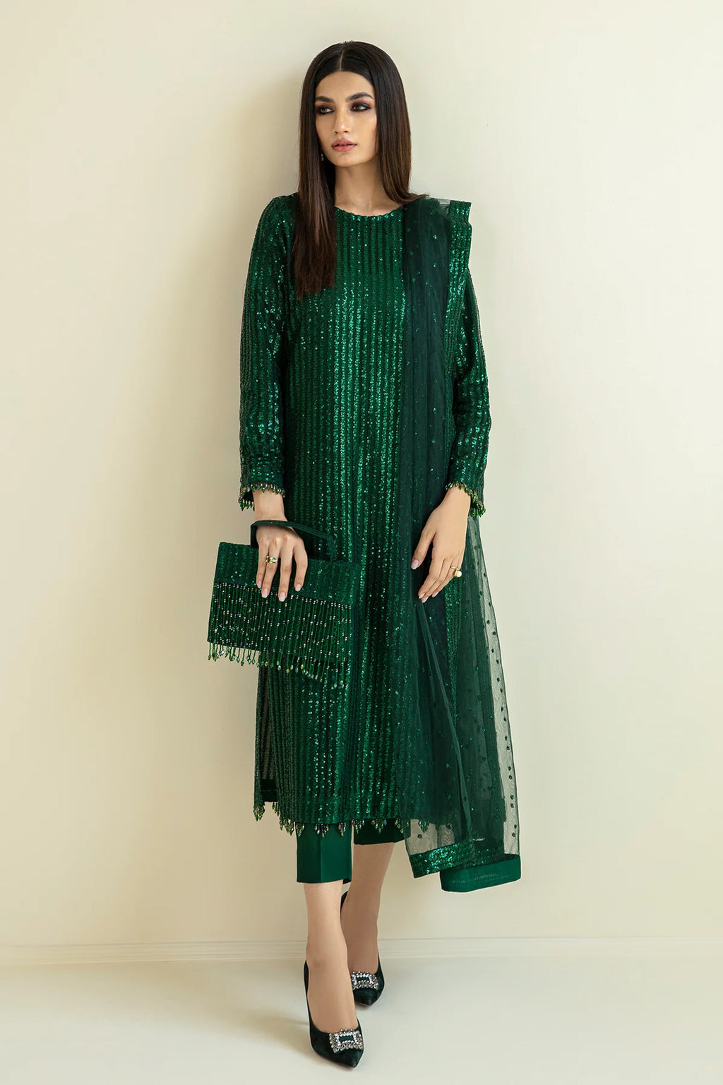 Baroque Emerald Green Sequin Unstitched 3-Piece Suit - Vertical Stripe Design