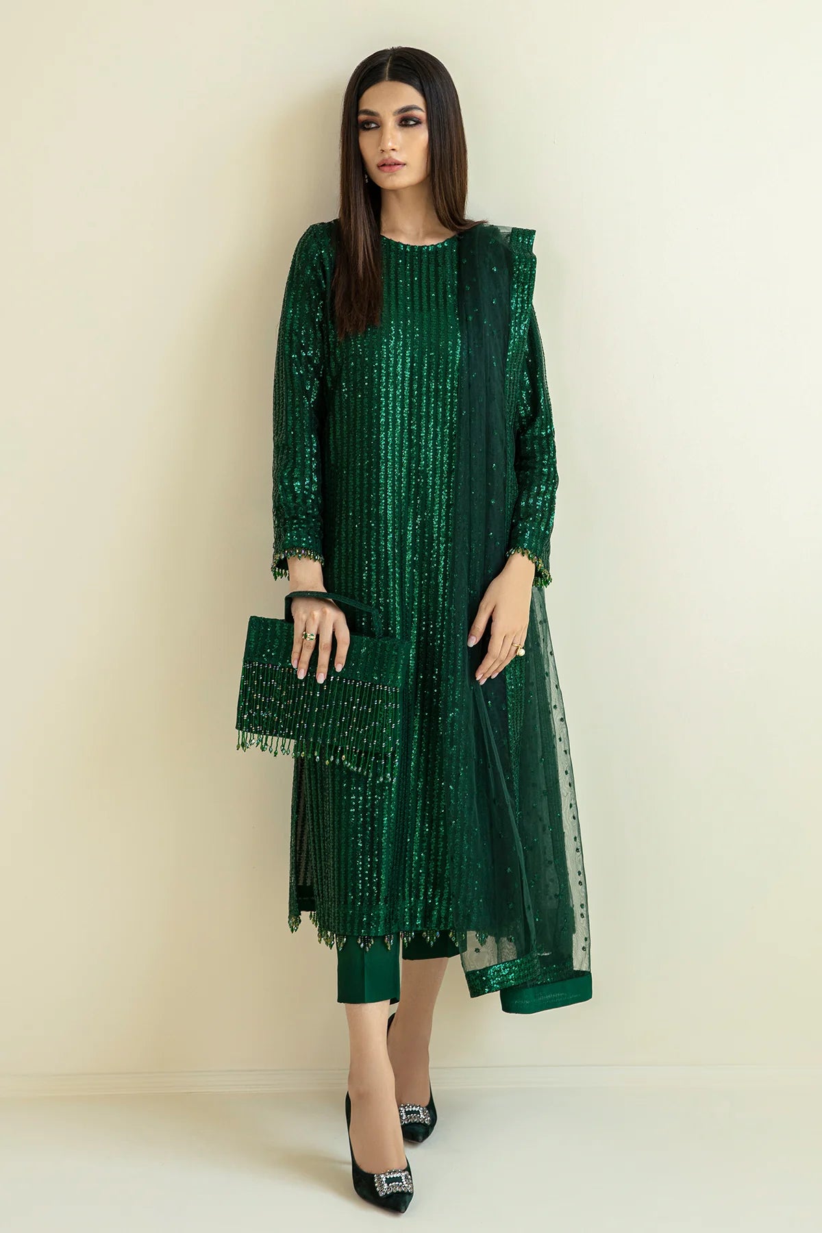 Baroque Emerald Green Sequin Unstitched 3-Piece Suit - Vertical Stripe Design