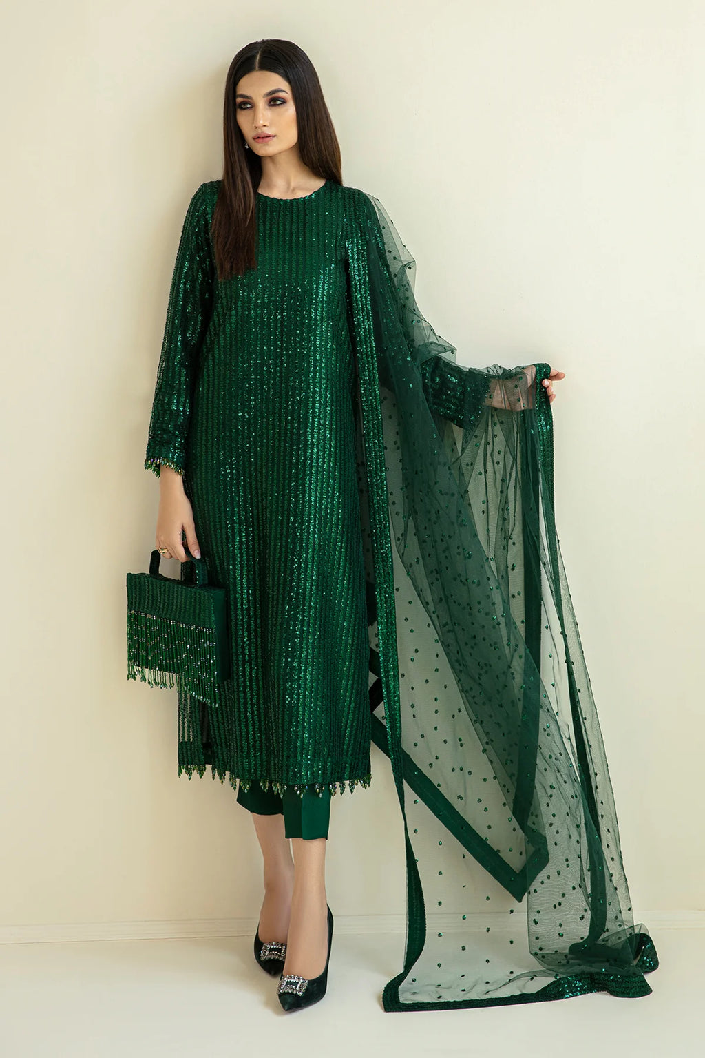 Baroque Emerald Green Sequin Unstitched 3-Piece Suit - Vertical Stripe Design