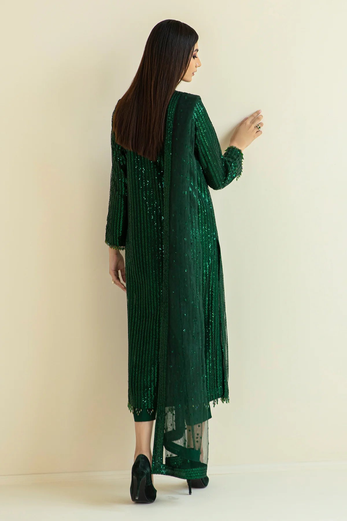 Baroque Emerald Green Sequin Unstitched 3-Piece Suit - Vertical Stripe Design