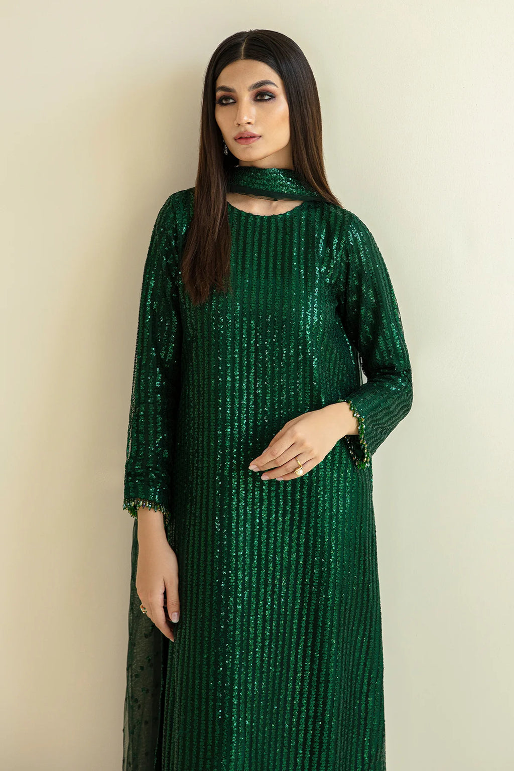 Baroque Emerald Green Sequin Unstitched 3-Piece Suit - Vertical Stripe Design