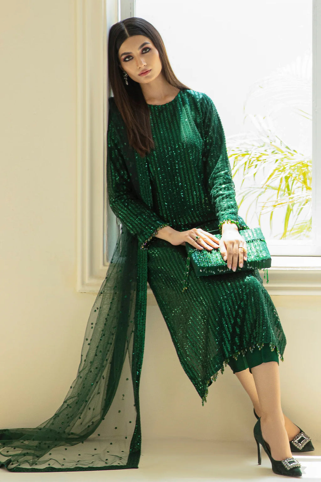 Baroque Emerald Green Sequin Unstitched 3-Piece Suit - Vertical Stripe Design