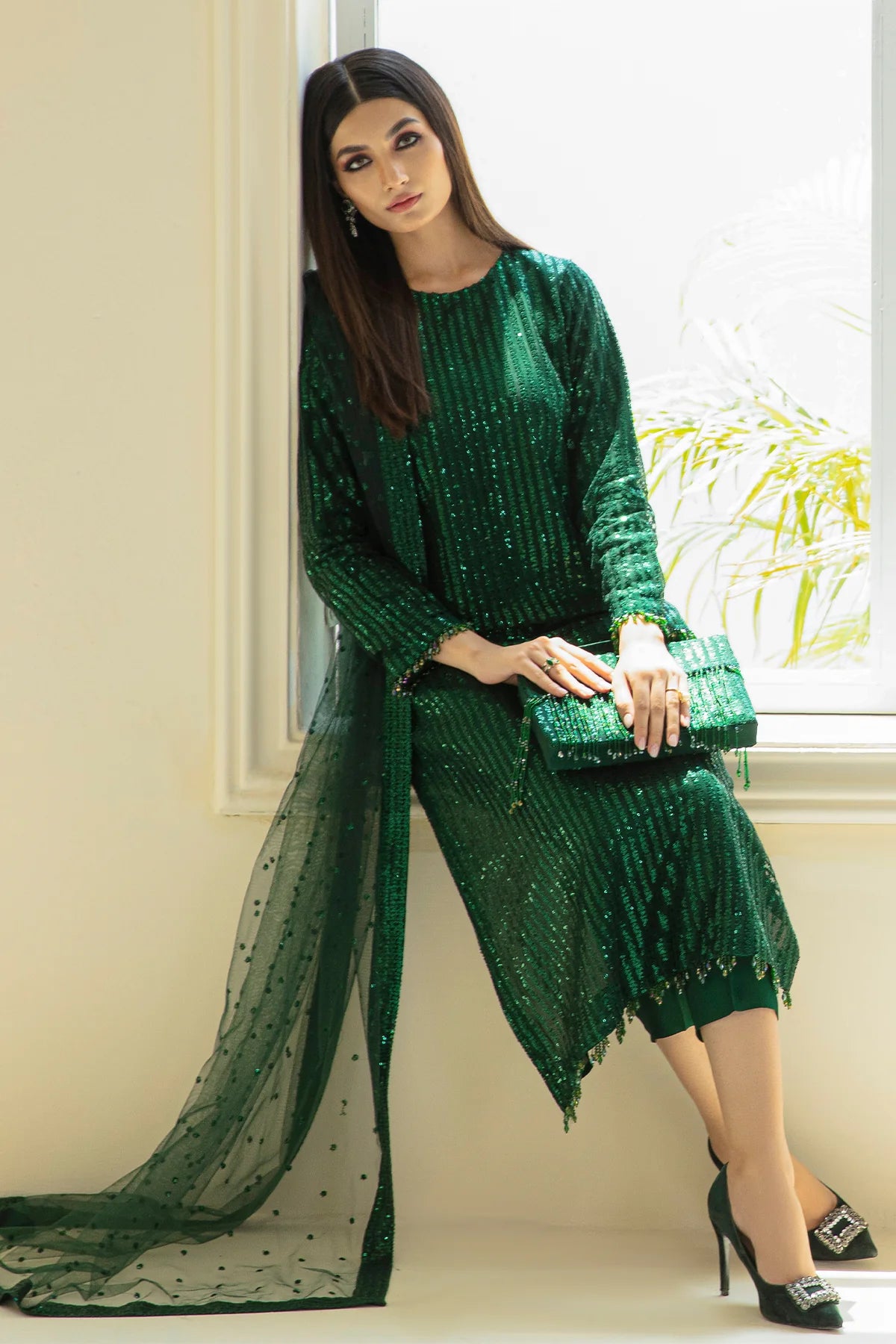 Baroque Emerald Green Sequin Unstitched 3-Piece Suit - Vertical Stripe Design