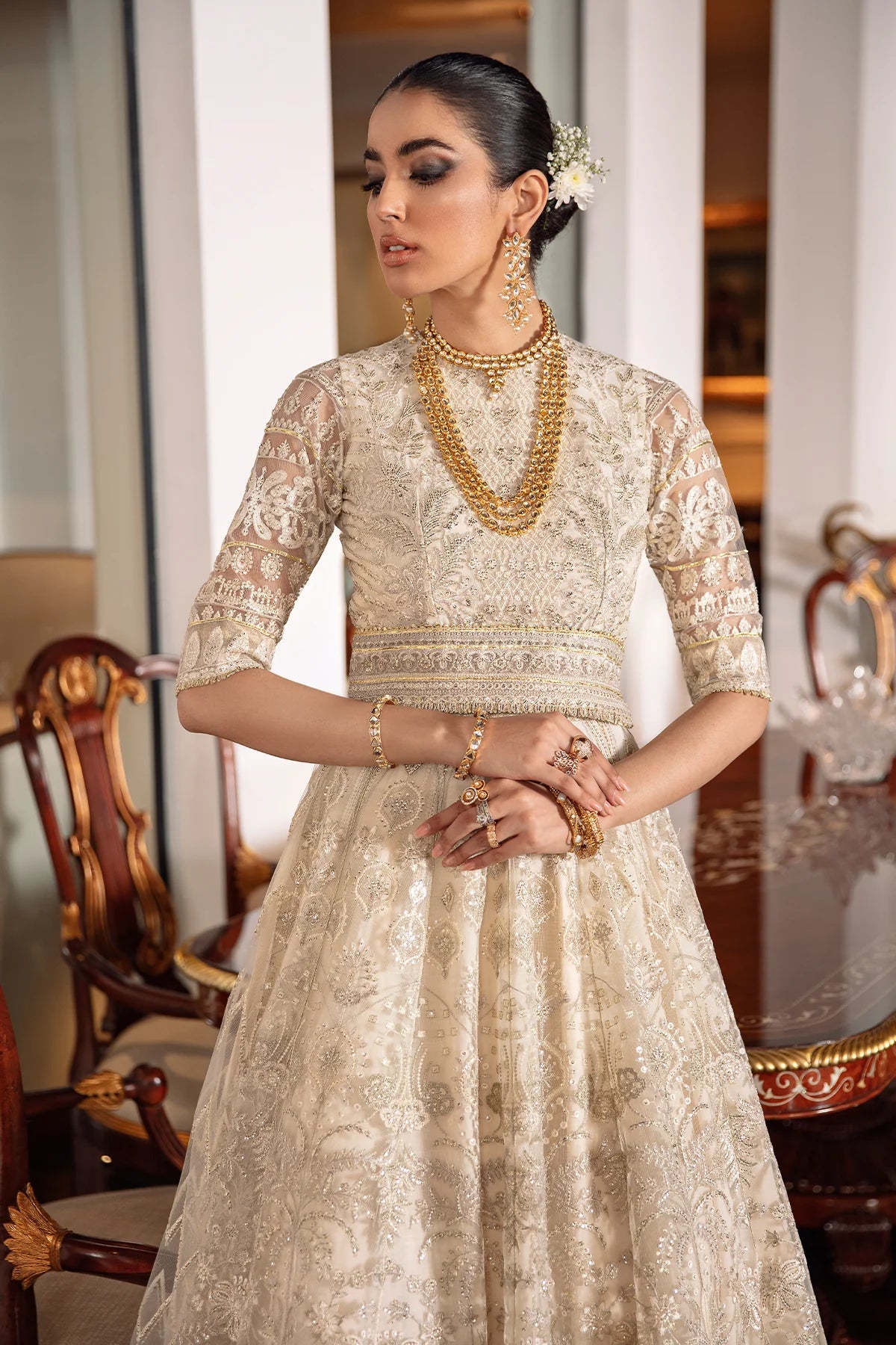 Chantelle Embroidered Net Unstitched 3-Piece Suit - Champagne Gold Bridal Collection