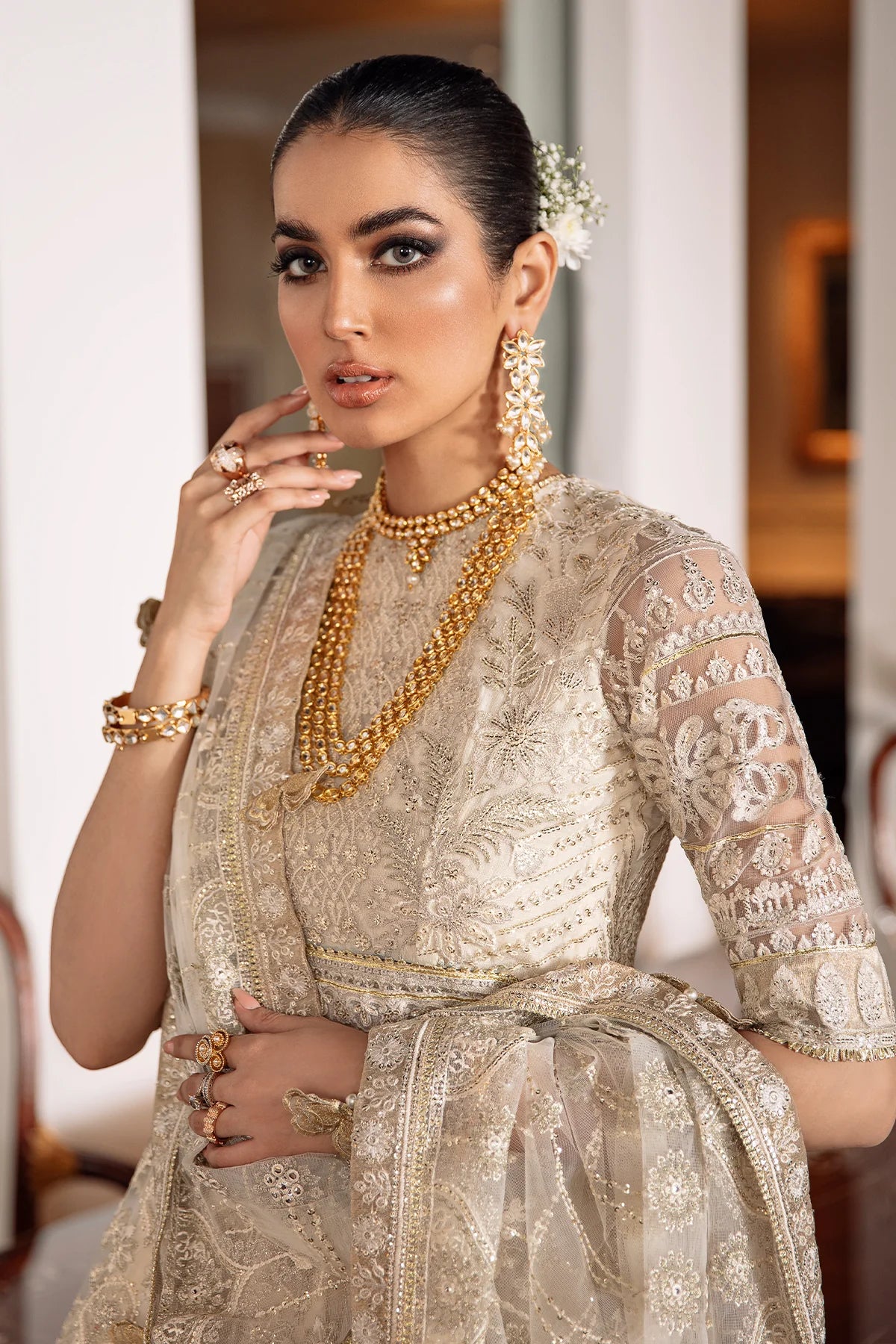 Chantelle Embroidered Net Unstitched 3-Piece Suit - Champagne Gold Bridal Collection
