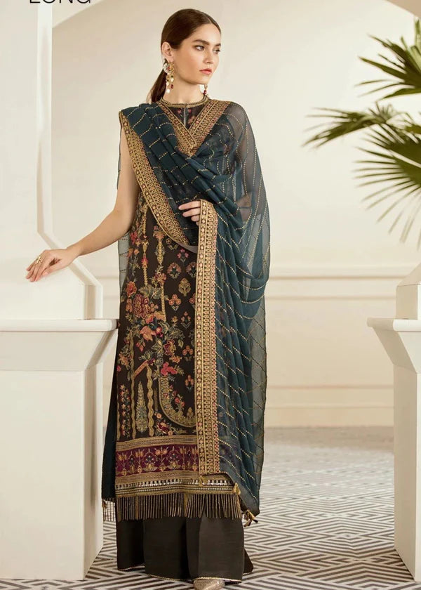 Chantelle Embroidered Unstitched 3-Piece Suit - Brown & Teal Luxury Collection