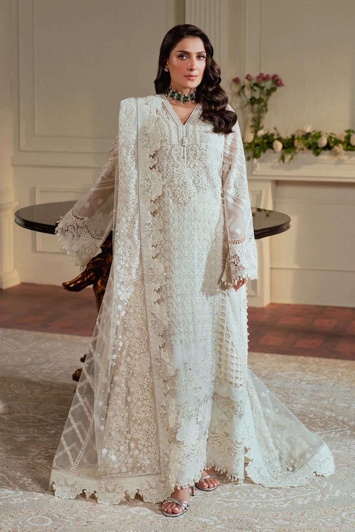 Chantelle Embroidered Chiffon Unstitched 3-Piece Suit - Mint White Bridal Collection
