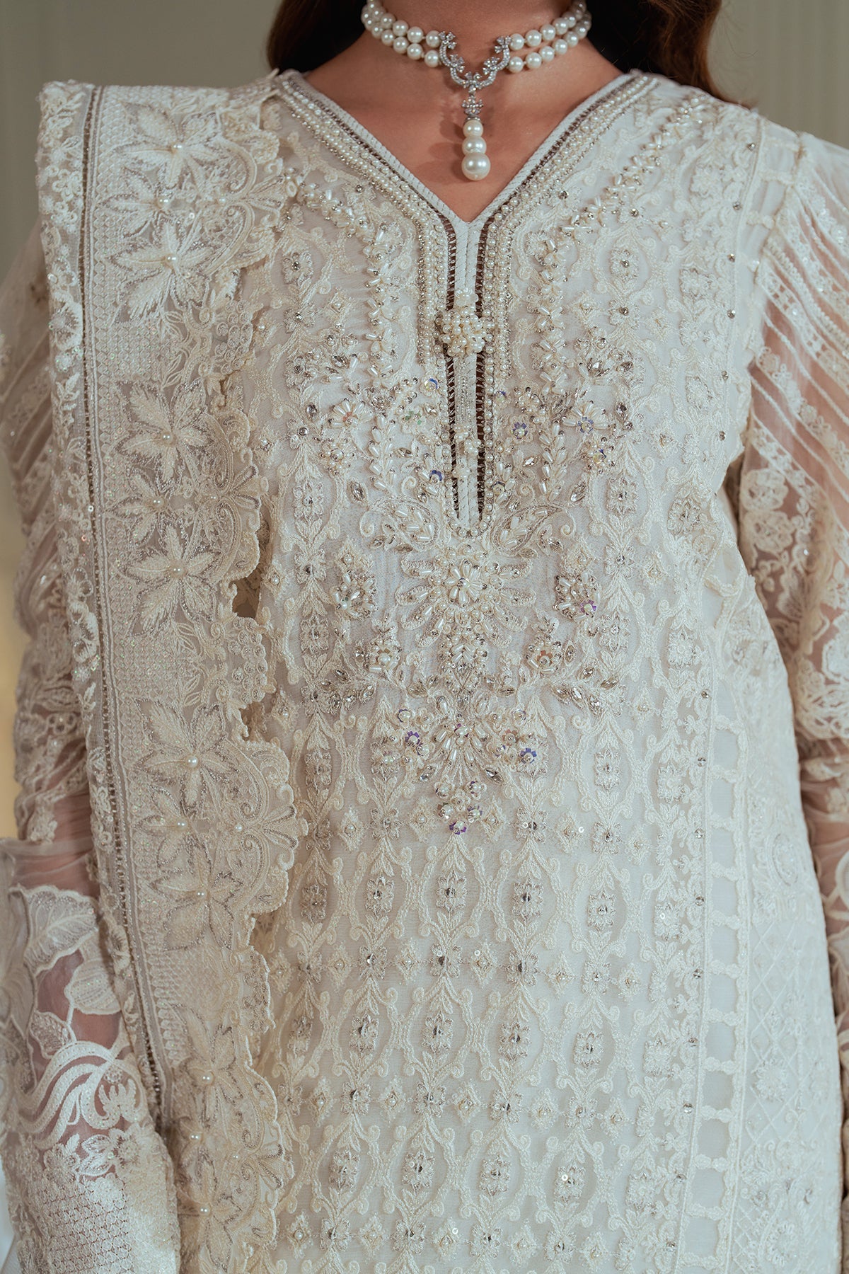 Chantelle Embroidered Chiffon Unstitched 3-Piece Suit - Mint White Bridal Collection