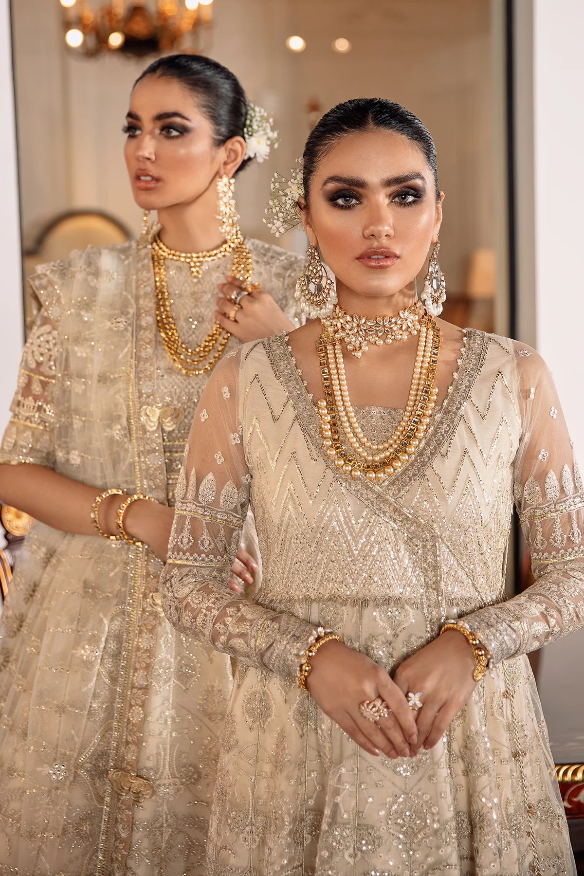 Chantelle Embroidered Net Unstitched 3-Piece Suit - Champagne Gold Bridal Collection