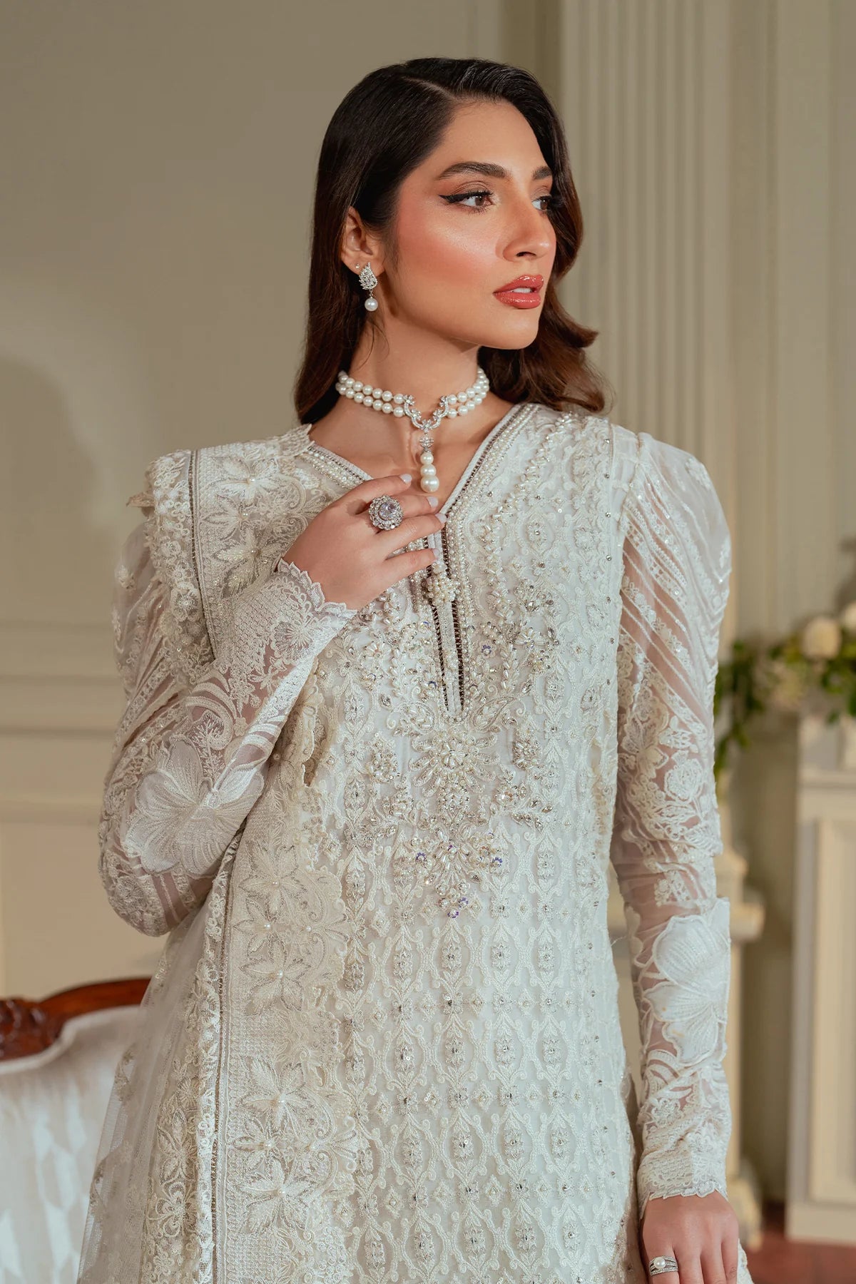 Chantelle Embroidered Chiffon Unstitched 3-Piece Suit - Mint White Bridal Collection