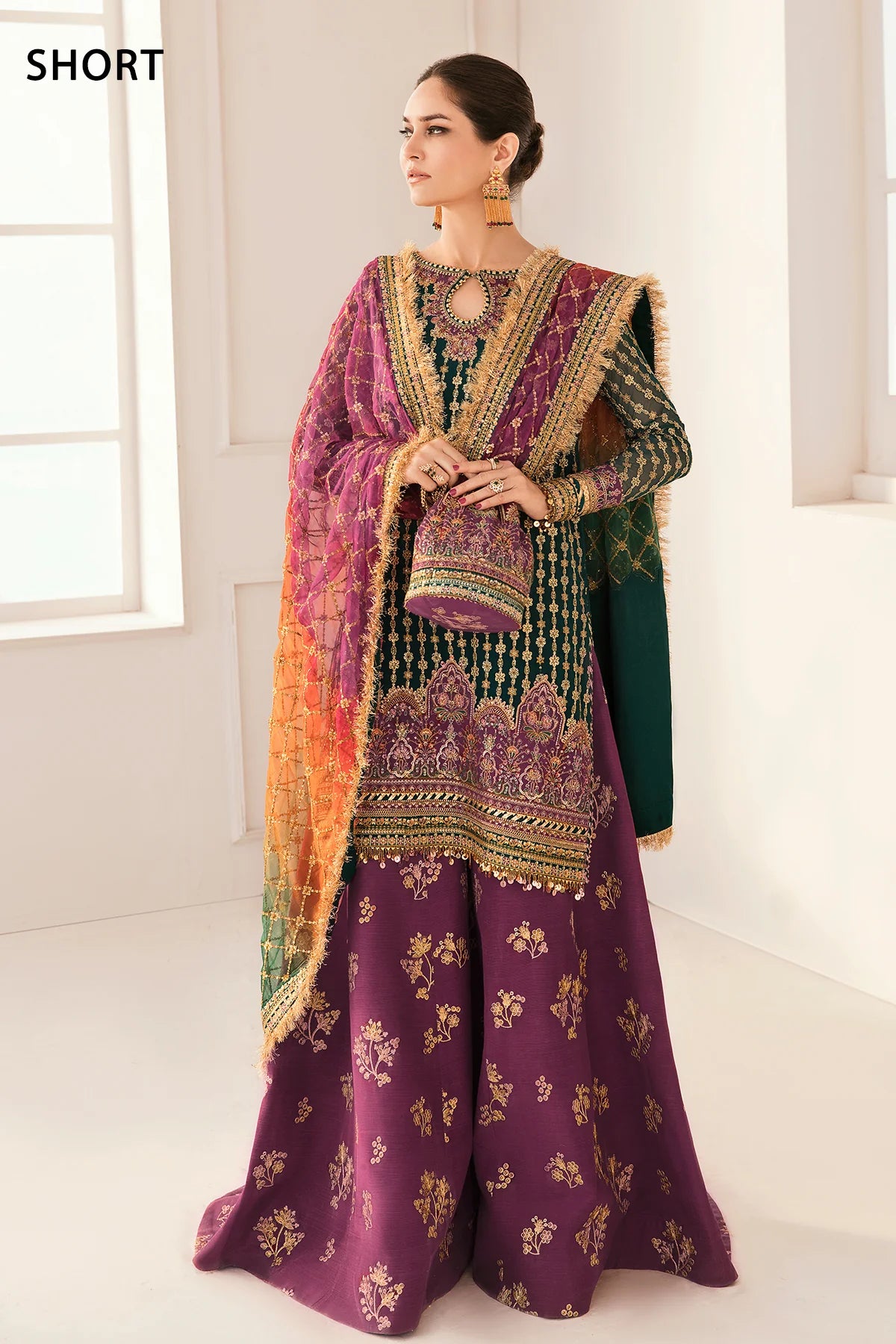 Chantelle Embroidered Chiffon Unstitched 3-Piece Suit - Emerald Green & Purple Ombre Bridal Collection