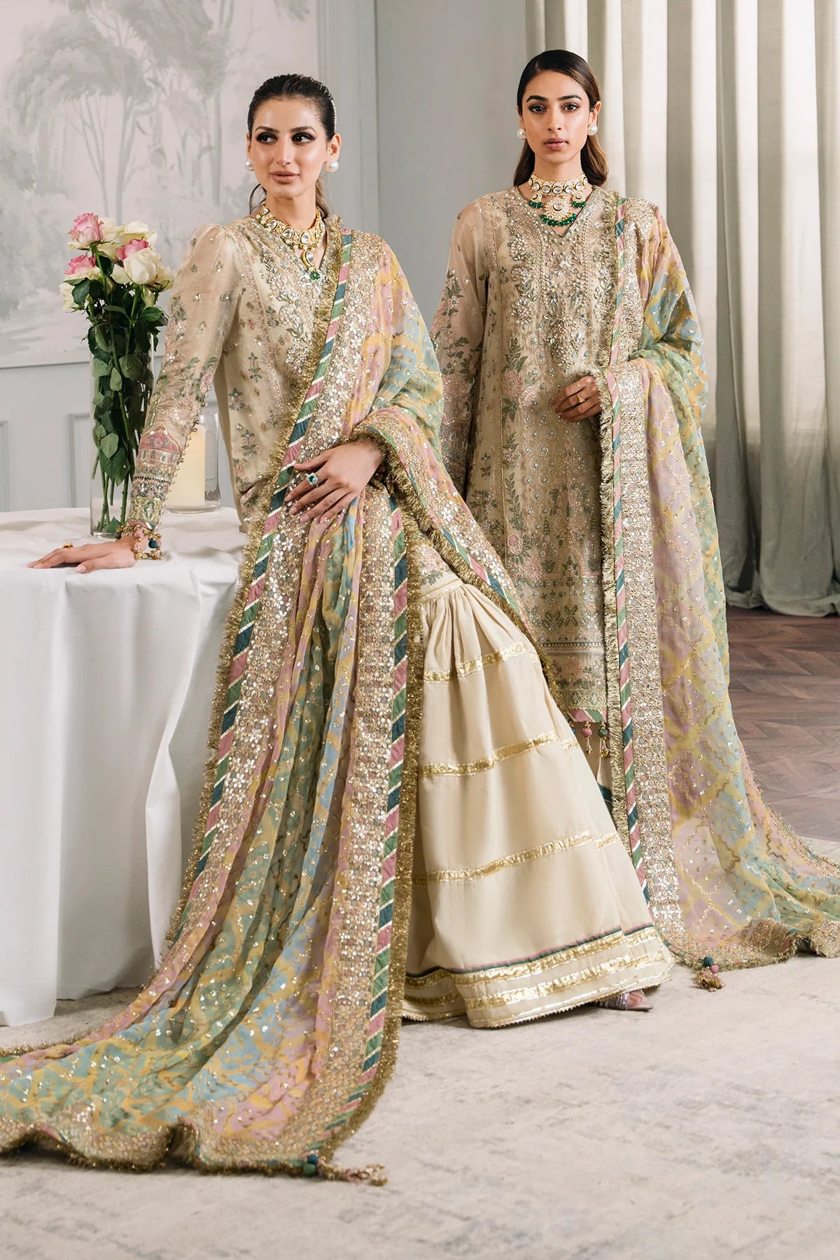 Chantelle Embroidered Zari Masuri Unstitched 3-Piece Suit - Champagne & Pastel Bridal Collection