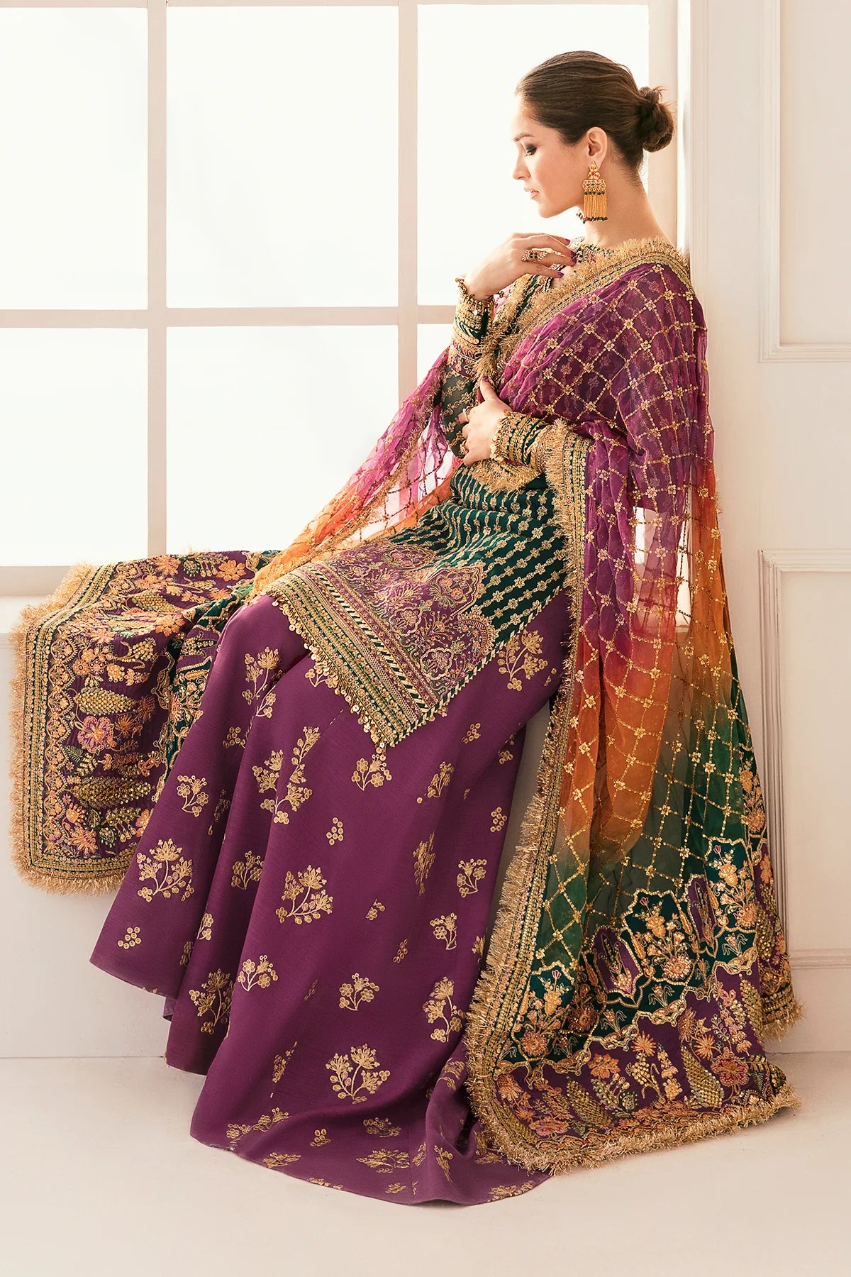 Chantelle Embroidered Chiffon Unstitched 3-Piece Suit - Emerald Green & Purple Ombre Bridal Collection