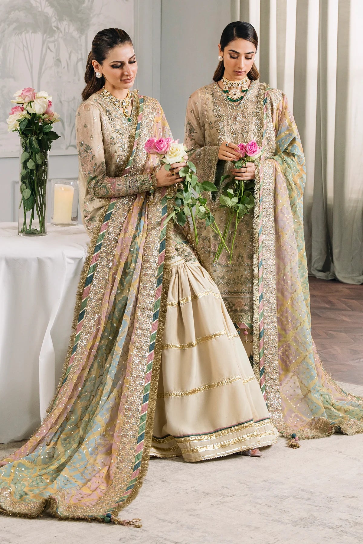 Chantelle Embroidered Zari Masuri Unstitched 3-Piece Suit - Champagne & Pastel Bridal Collection