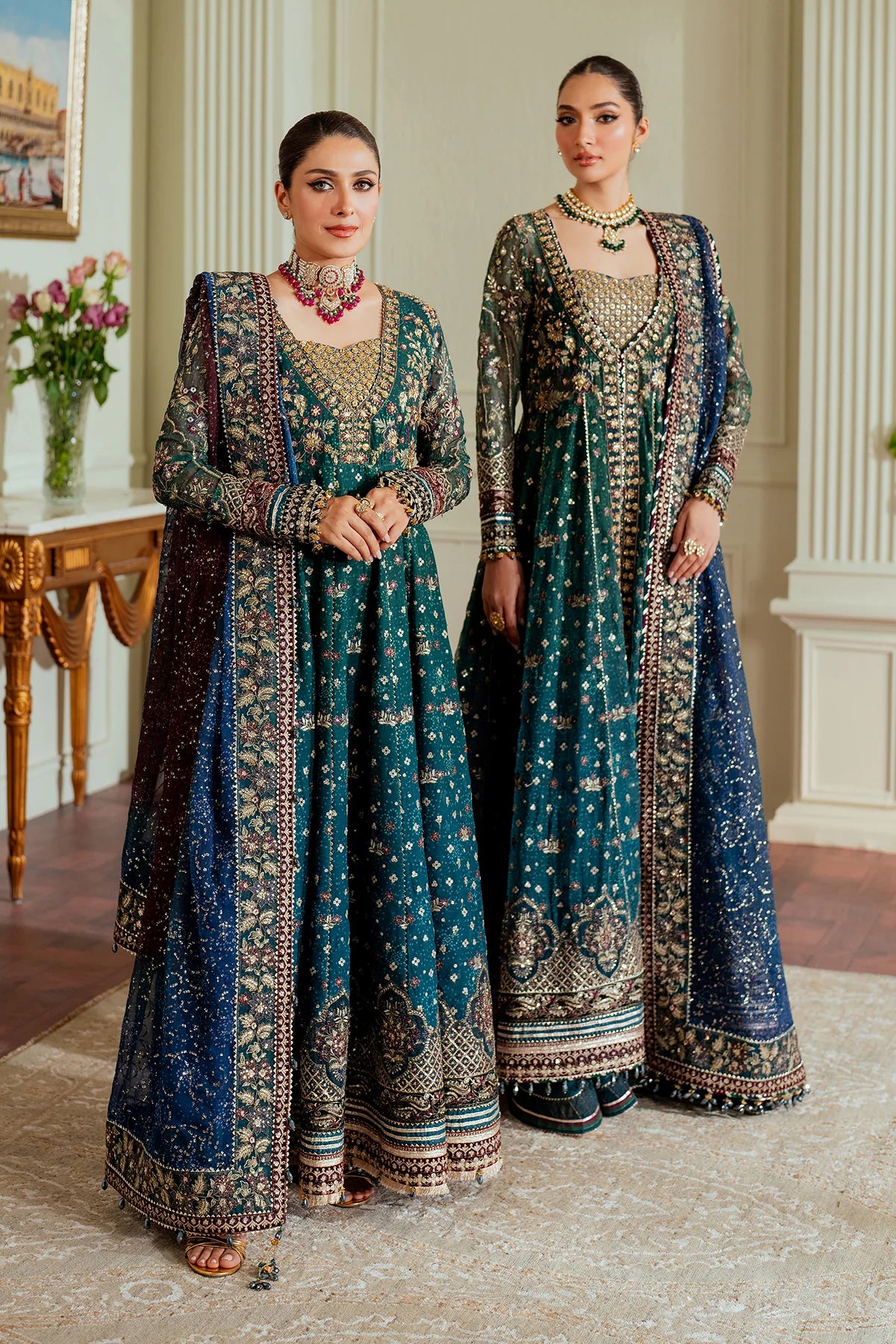Chantelle Embroidered Digital Printed Chiffon & Velvet Unstitched 3-Piece Suit - Teal & Navy Ombre Bridal Collection