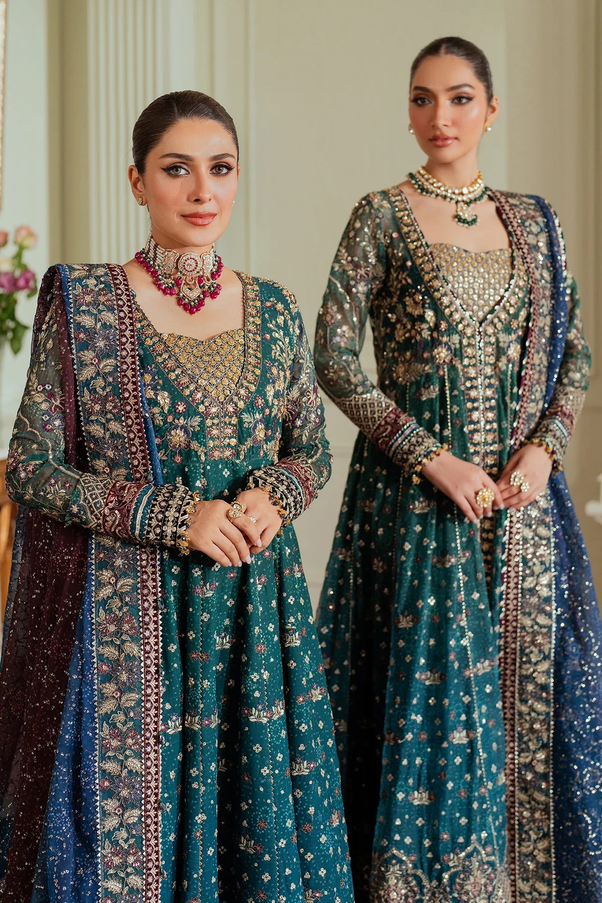 Chantelle Embroidered Digital Printed Chiffon & Velvet Unstitched 3-Piece Suit - Teal & Navy Ombre Bridal Collection