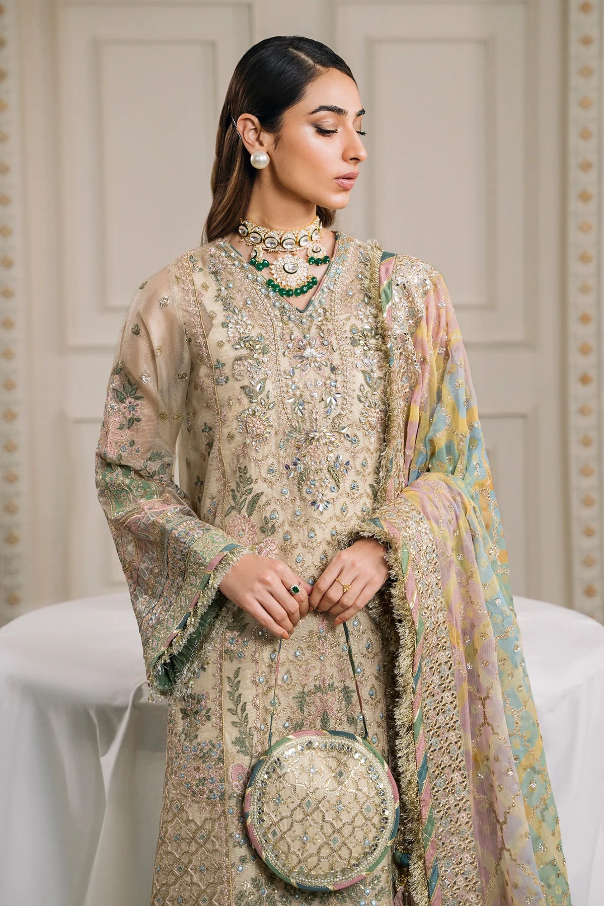 Chantelle Embroidered Zari Masuri Unstitched 3-Piece Suit - Champagne & Pastel Bridal Collection