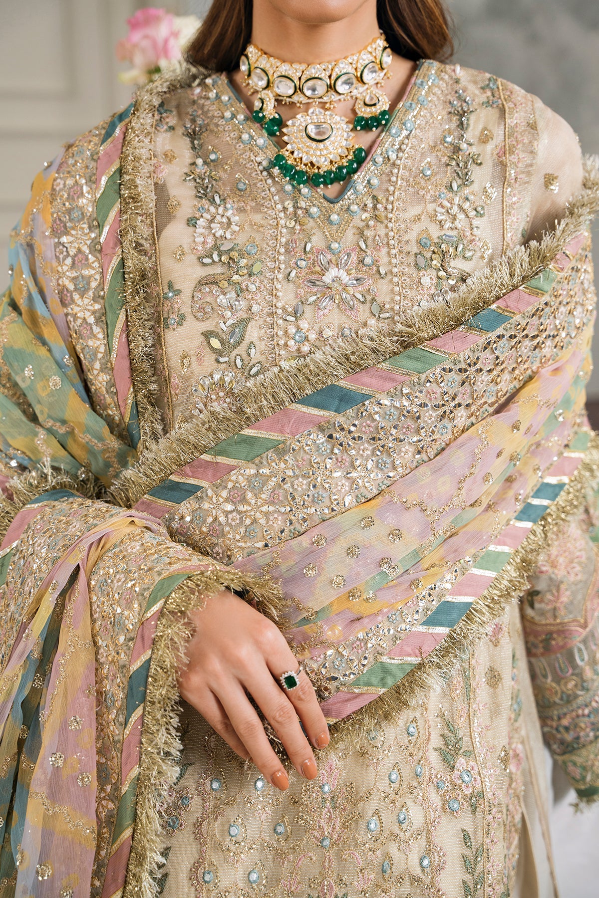 Chantelle Embroidered Zari Masuri Unstitched 3-Piece Suit - Champagne & Pastel Bridal Collection