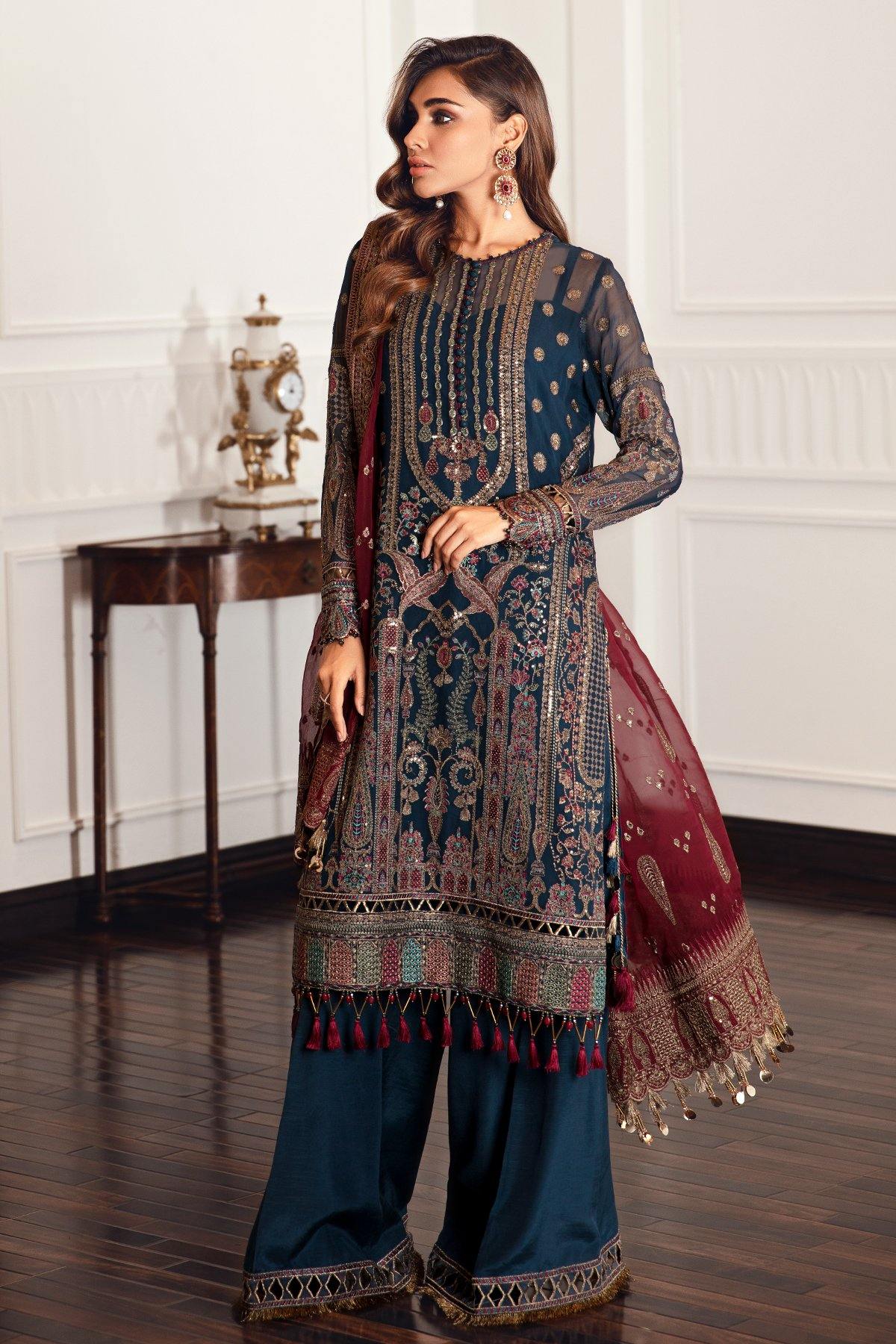 Jazmin Embroidered Chiffon Unstitched 3-Piece Suit - Teal & Maroon Luxury Collection