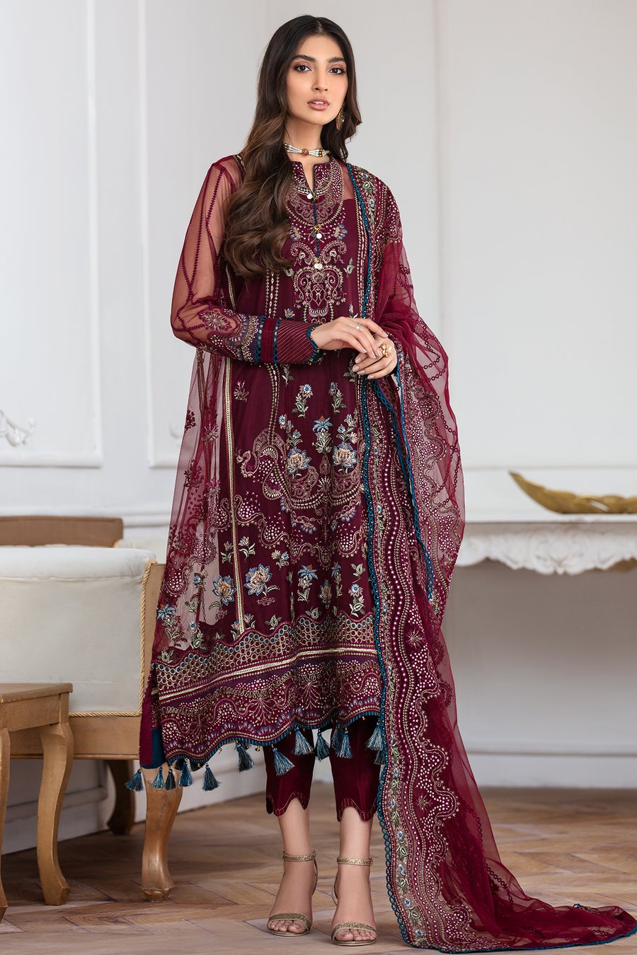Jazmin Embroidered Net Unstitched 3-Piece Suit - Maroon Luxury Collection