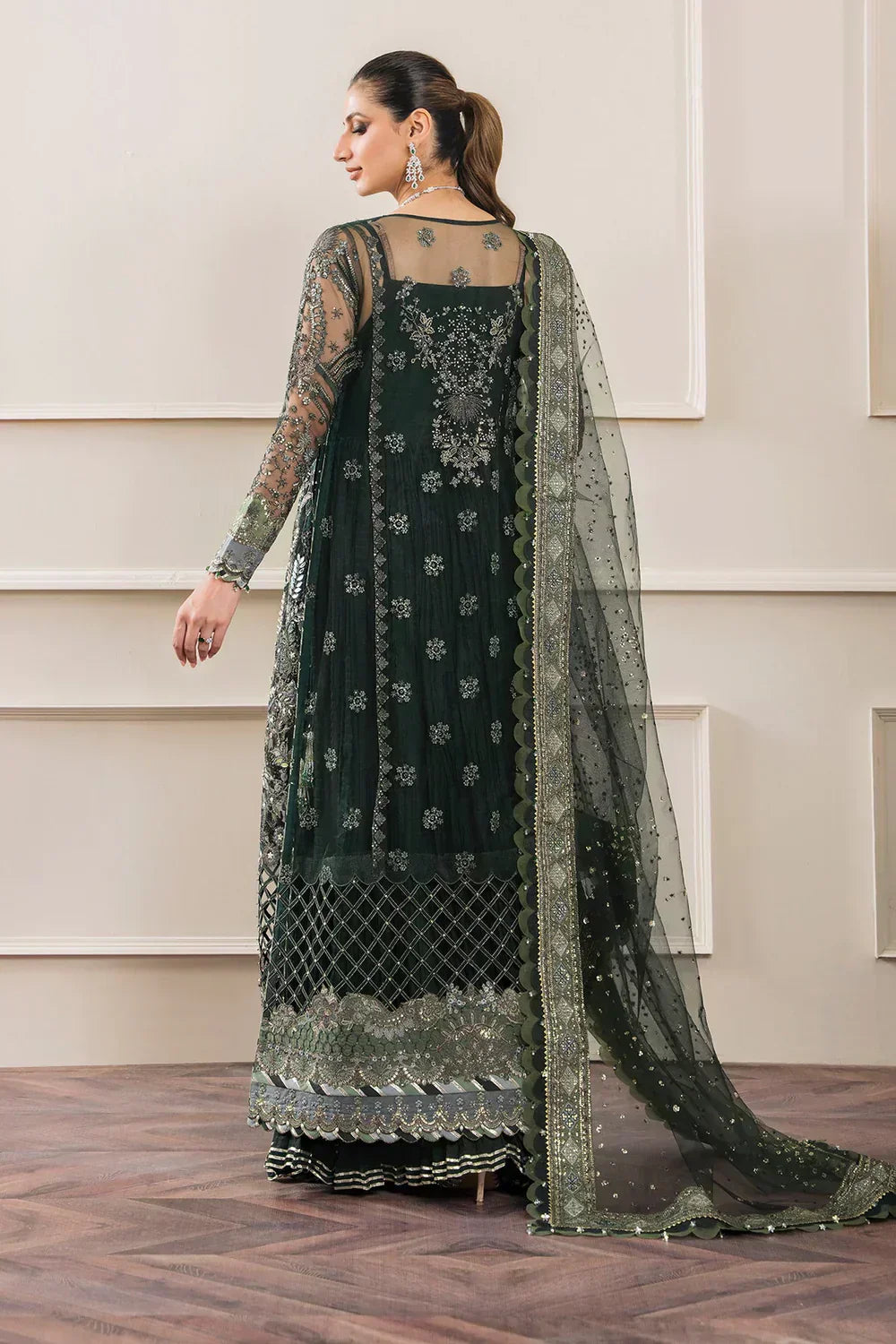 Chantelle Embroidered Net Unstitched 3-Piece Suit - Forest Green & Sage Bridal Collection