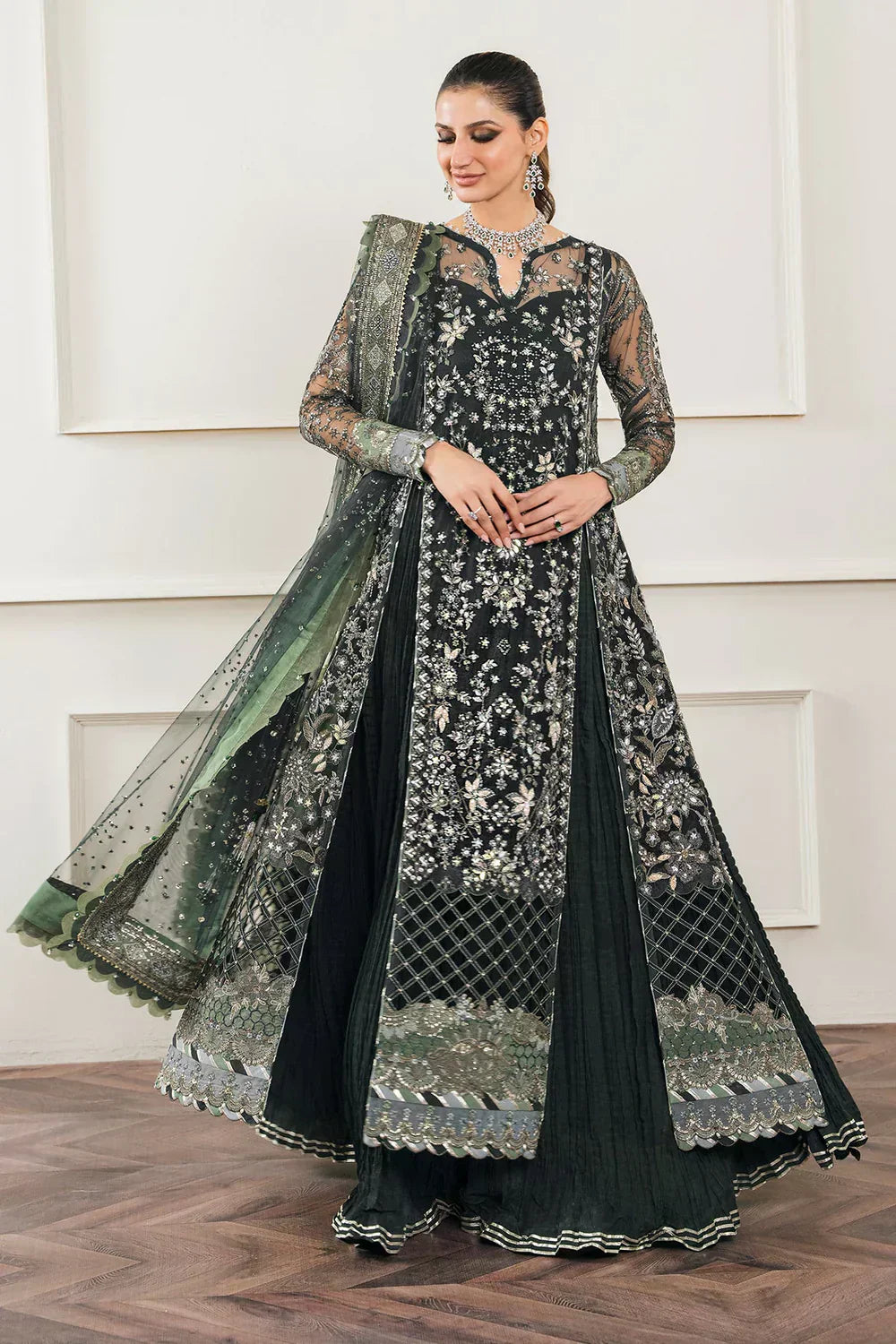 Chantelle Embroidered Net Unstitched 3-Piece Suit - Forest Green & Sage Bridal Collection