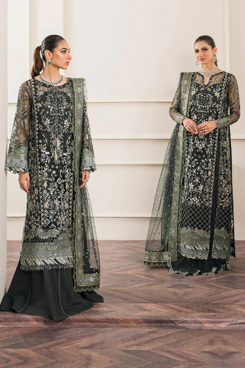 Chantelle Embroidered Net Unstitched 3-Piece Suit - Forest Green & Sage Bridal Collection