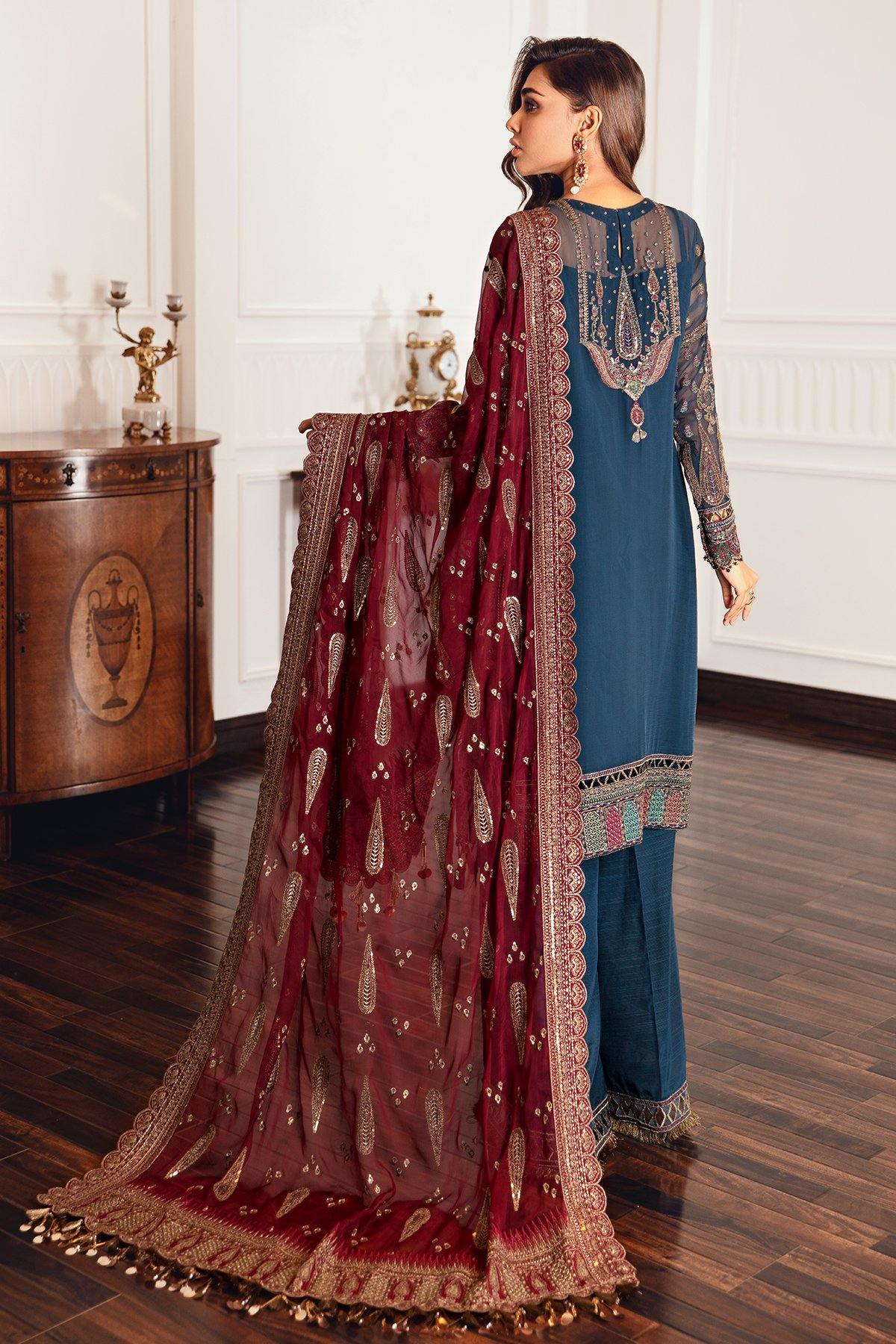 Jazmin Embroidered Chiffon Unstitched 3-Piece Suit - Teal & Maroon Luxury Collection