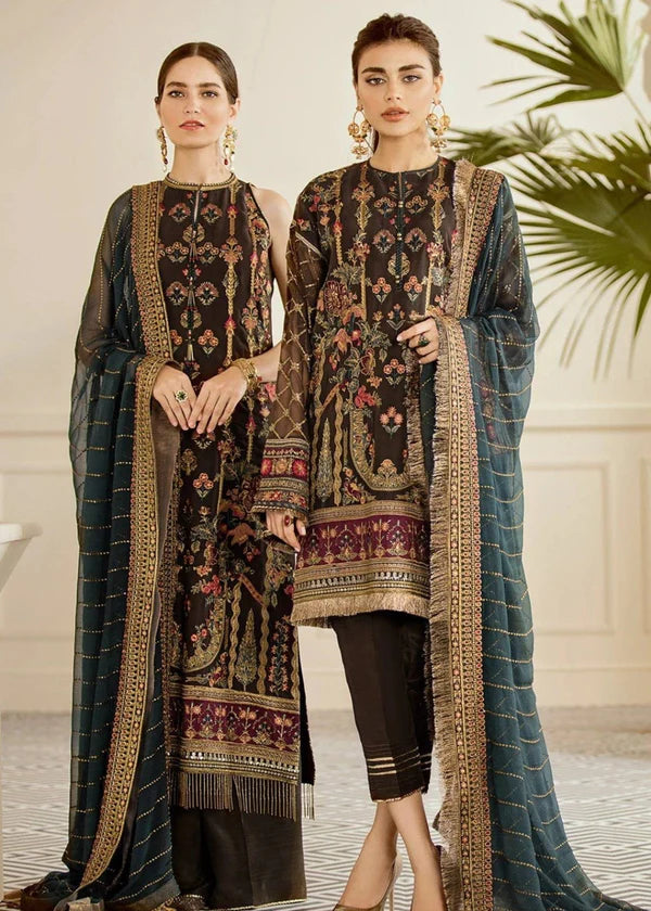 Chantelle Embroidered Unstitched 3-Piece Suit - Brown & Teal Luxury Collection