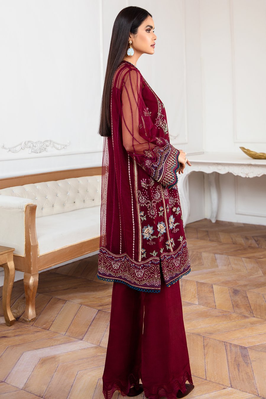 Jazmin Embroidered Net Unstitched 3-Piece Suit - Maroon Luxury Collection