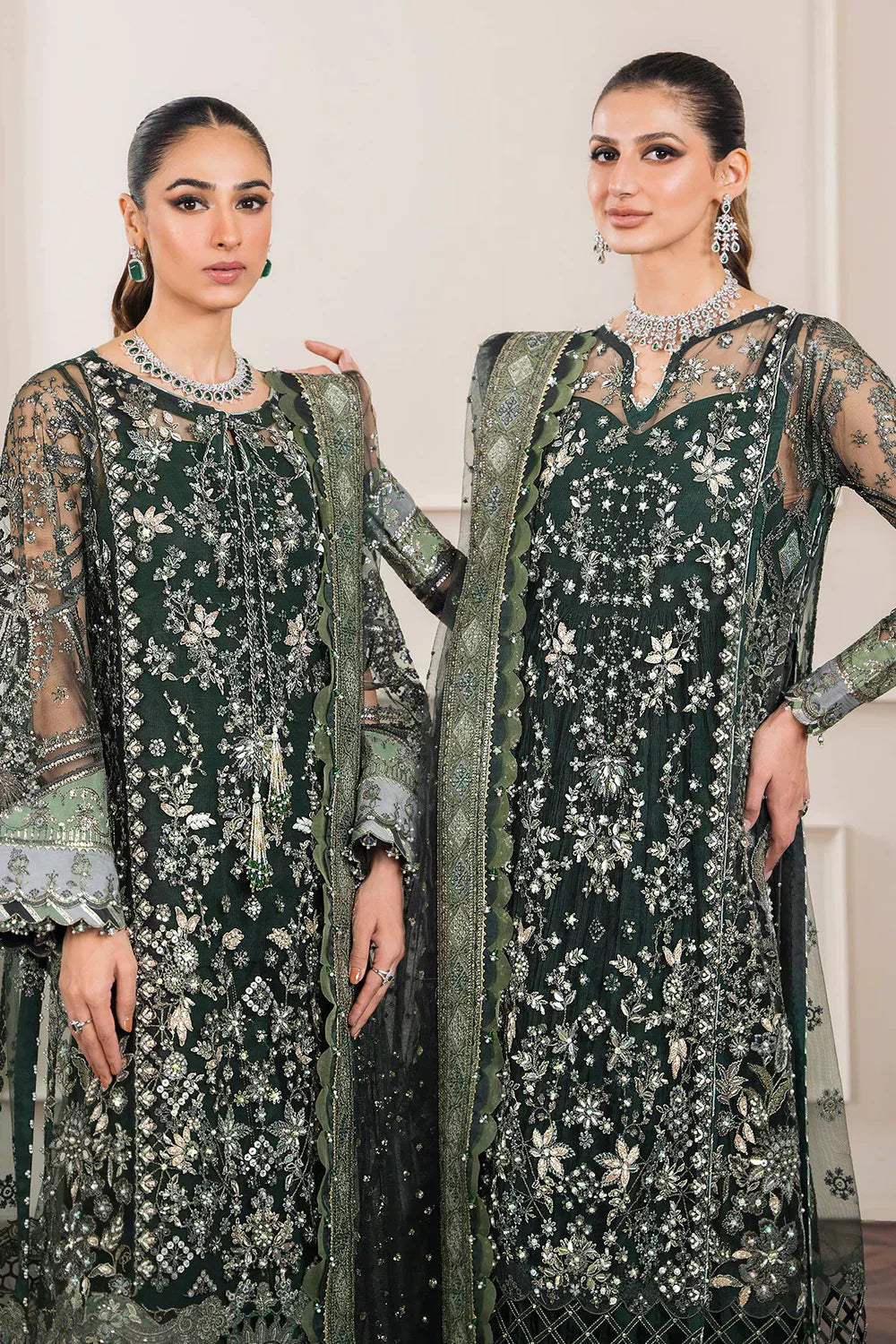 Chantelle Embroidered Net Unstitched 3-Piece Suit - Forest Green & Sage Bridal Collection