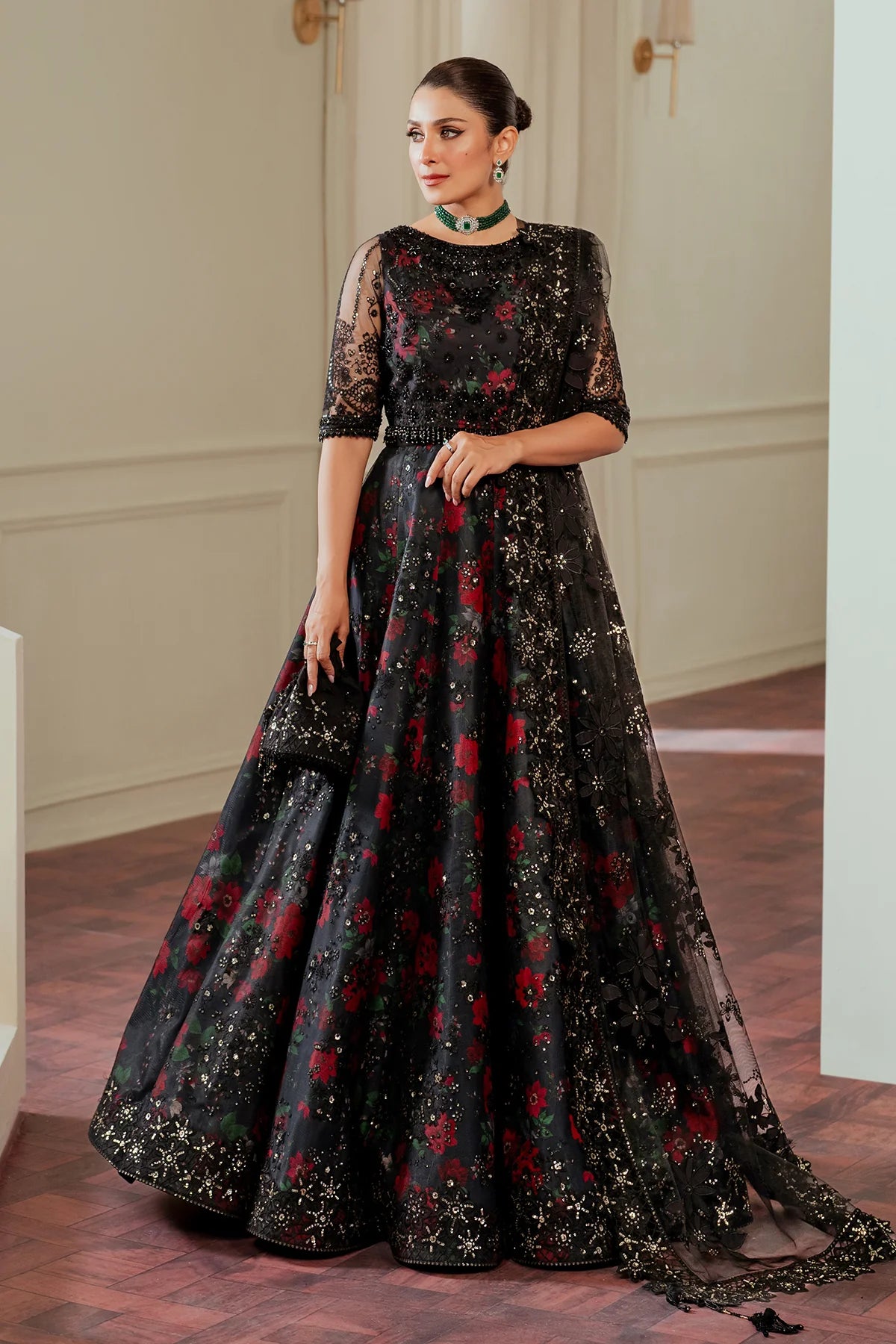 Chantelle Embroidered Net Unstitched 3-Piece Suit - Black & Red Floral Bridal Collection