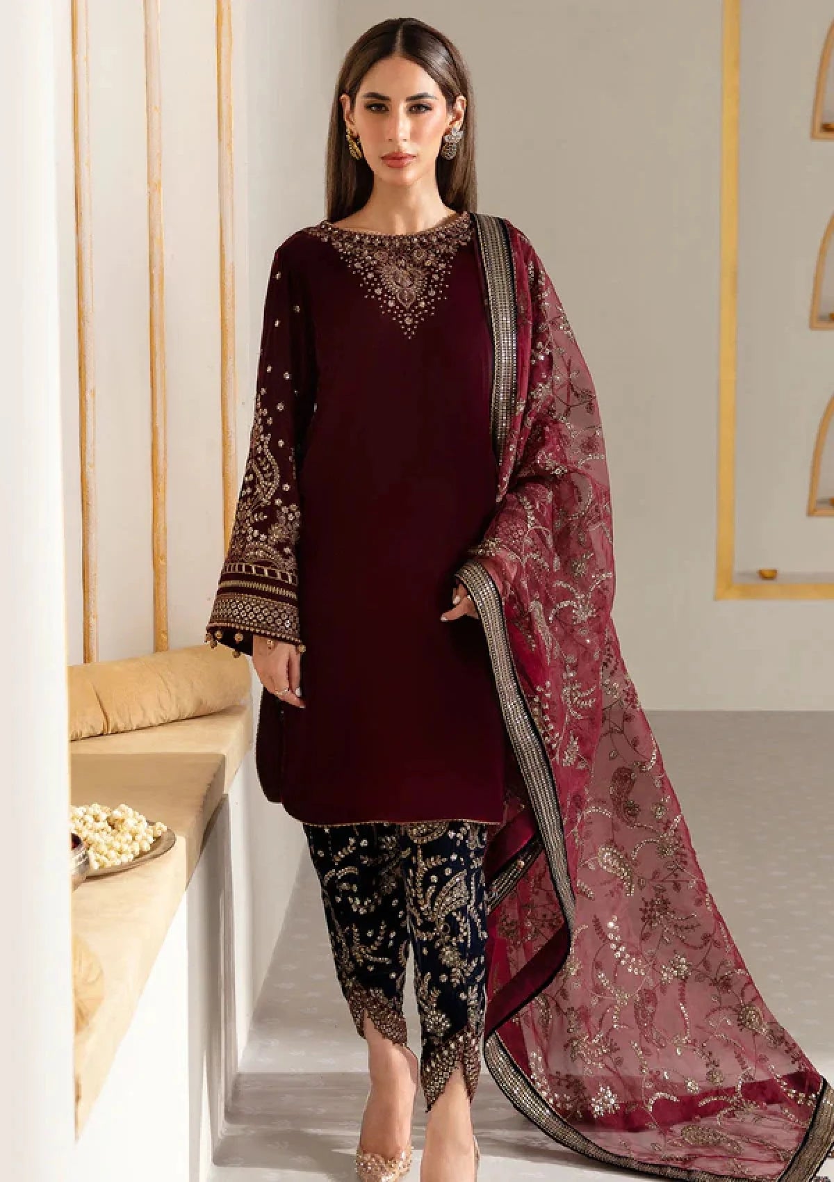 Jazmin Embroidered Pure Velvet Unstitched 3-Piece Suit - Maroon Luxury Collection