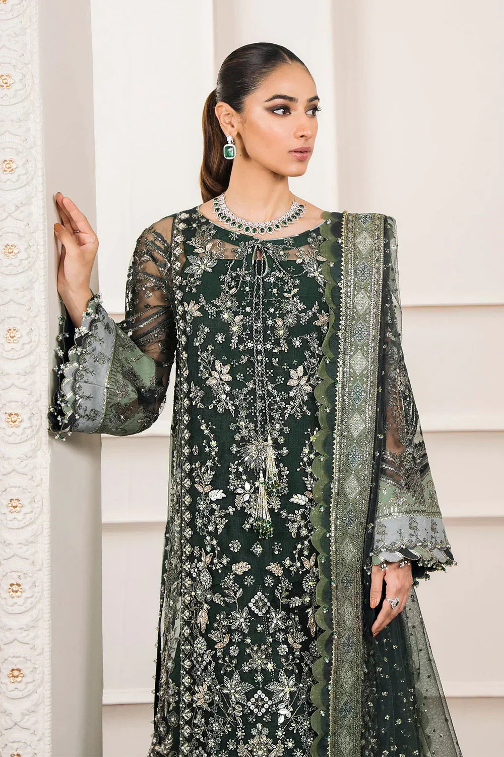Chantelle Embroidered Net Unstitched 3-Piece Suit - Forest Green & Sage Bridal Collection