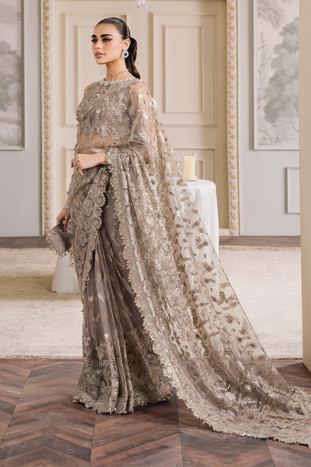 Chantelle Embroidered Net Saree-Style Unstitched 3-Piece Suit - Taupe Beige Bridal Collection