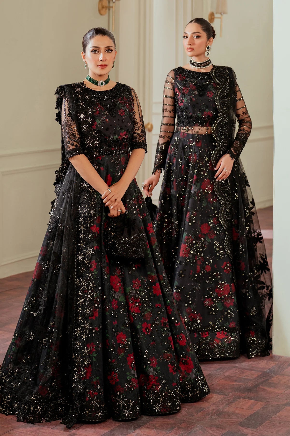 Chantelle Embroidered Net Unstitched 3-Piece Suit - Black & Red Floral Bridal Collection
