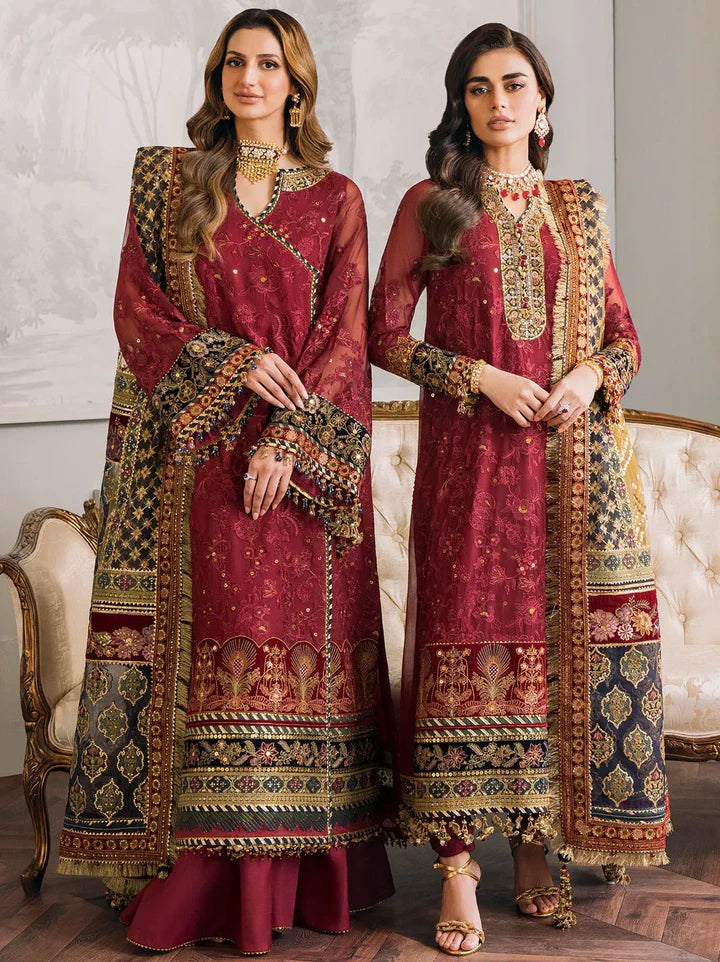 Chantelle Embroidered Chiffon & Velvet Unstitched 3-Piece Suit - Burgundy & Gold Bridal Collection