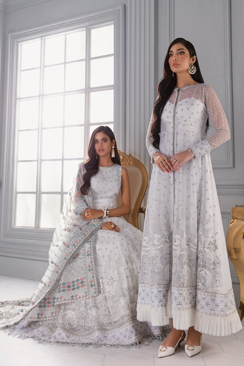 Iris Embroidered Chiffon Unstitched Suit - Mint Blue & White Luxury Collection
