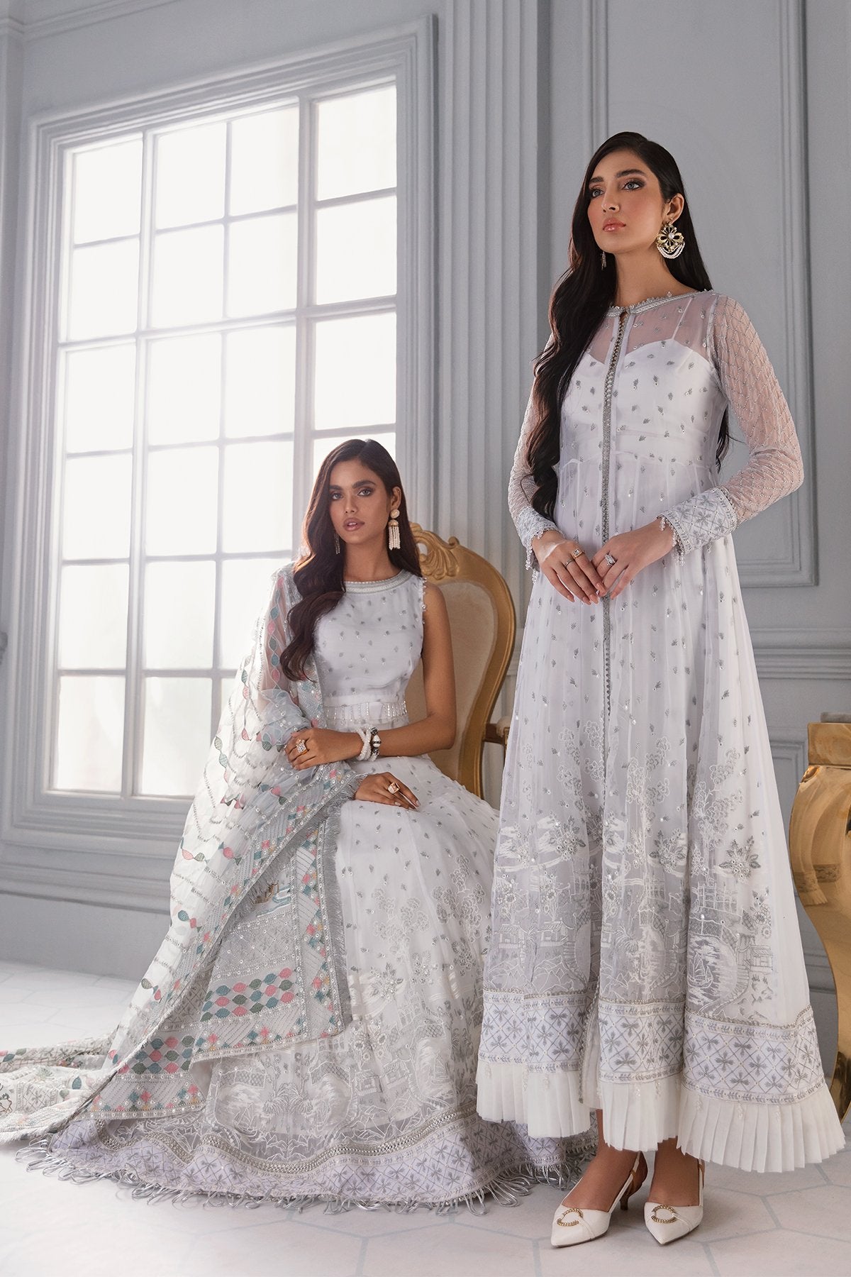 Iris Embroidered Chiffon Unstitched Suit - Mint Blue & White Luxury Collection