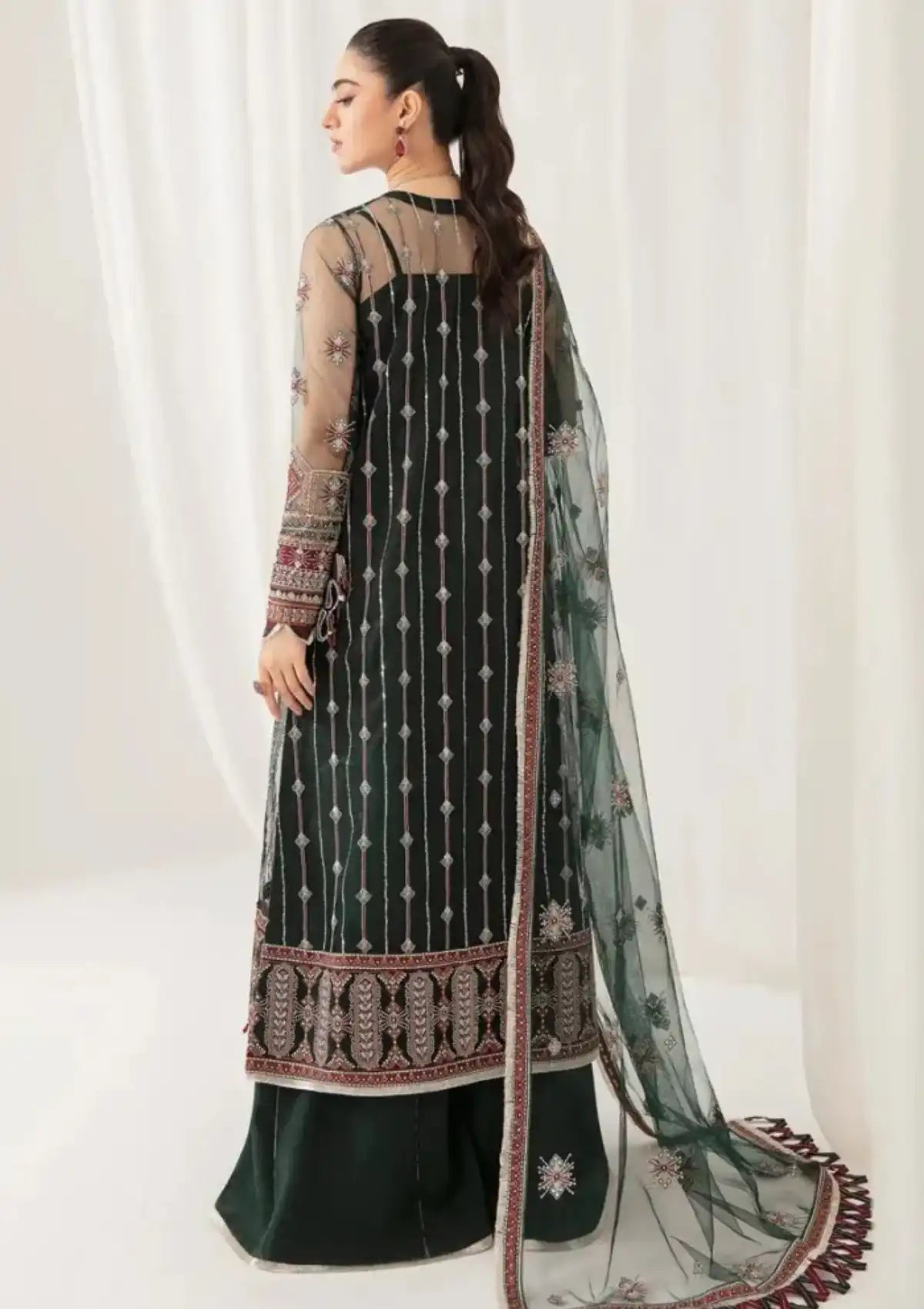 Jazmin Embroidered Net Unstitched 3-Piece Suit - Forest Green Luxury Collection