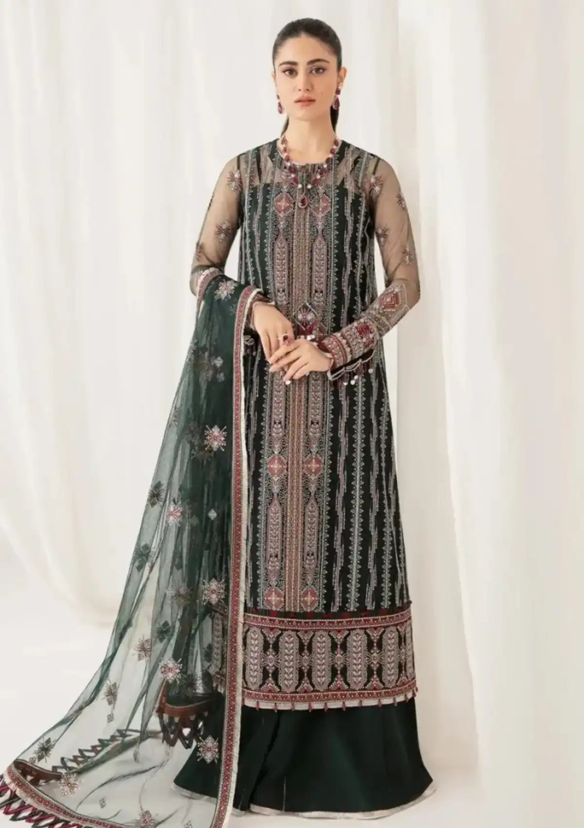 Jazmin Embroidered Net Unstitched 3-Piece Suit - Forest Green Luxury Collection