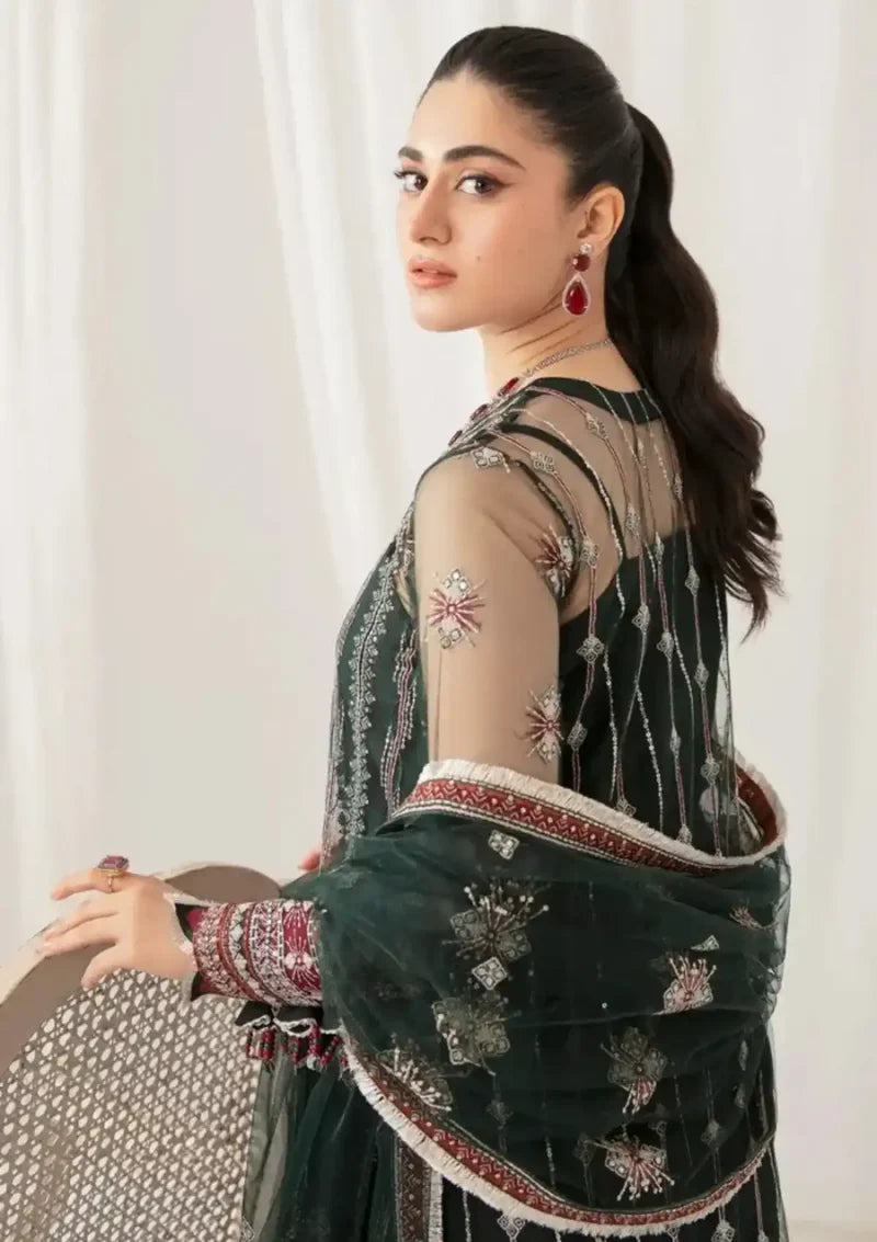 Jazmin Embroidered Net Unstitched 3-Piece Suit - Forest Green Luxury Collection