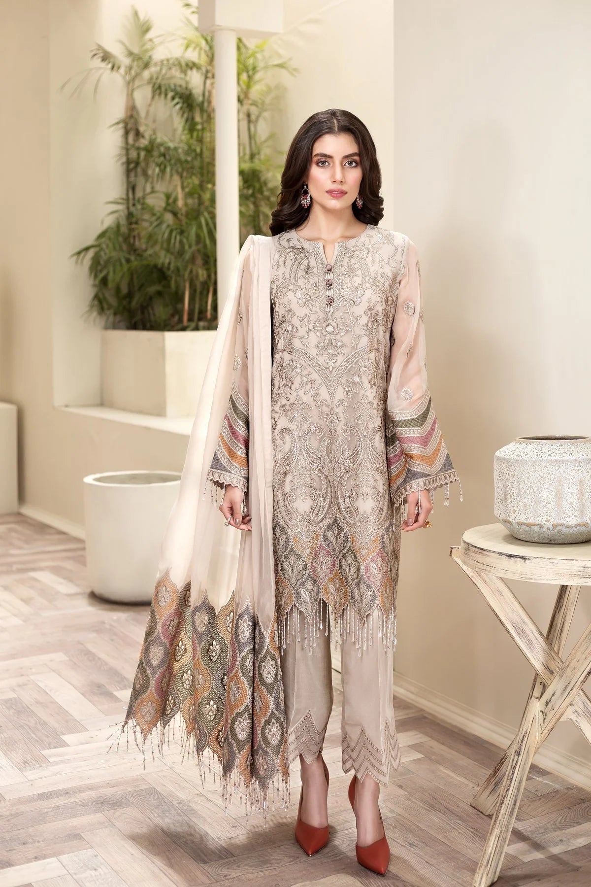 Jazmin Embroidered Chiffon Unstitched 3-Piece Suit - Ivory & Beige Luxury Collection