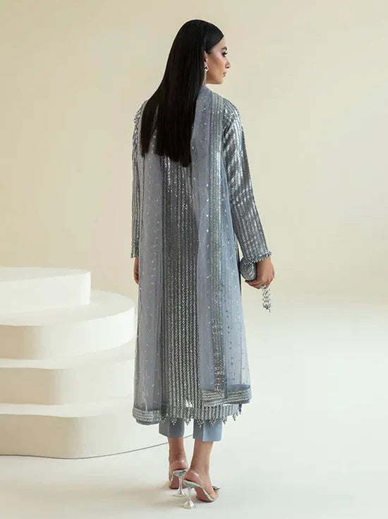 Baroque Silver-Grey Sequin Unstitched 3-Piece Suit - Vertical Stripe Design