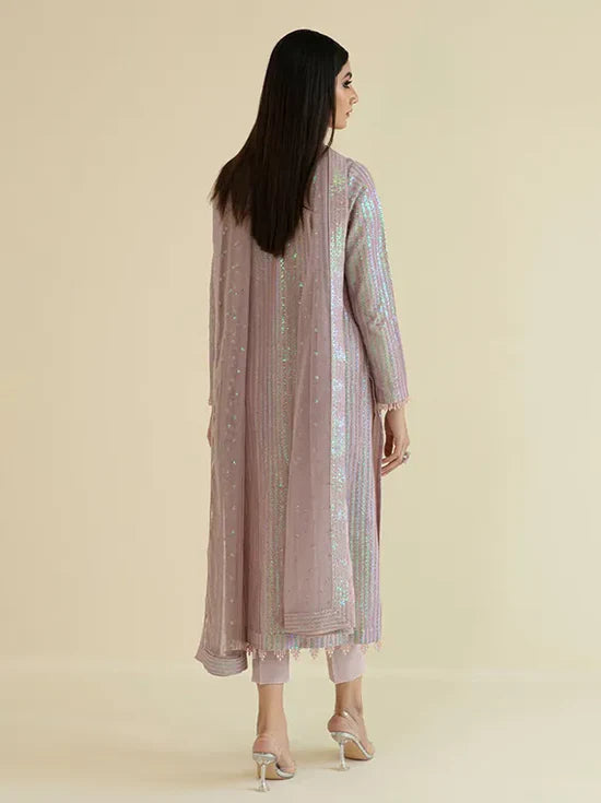 Baroque Mauve Sequin Embellished Unstitched 3-Piece Suit - Vertical Stripe Design