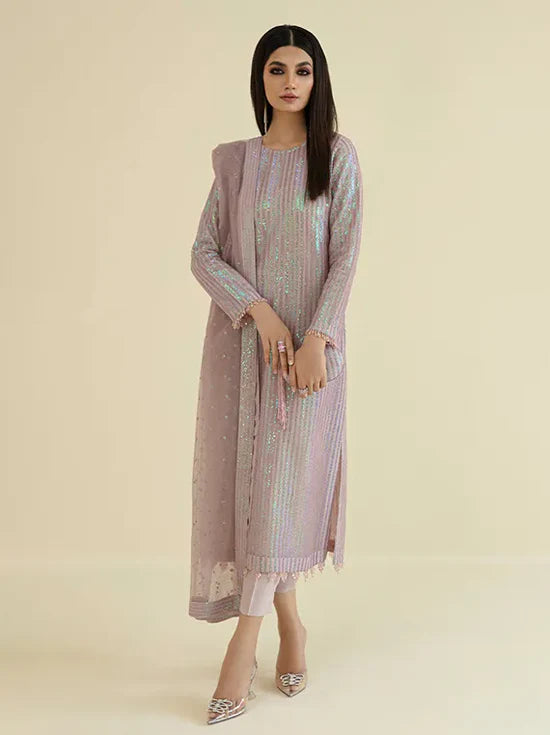 Baroque Mauve Sequin Embellished Unstitched 3-Piece Suit - Vertical Stripe Design