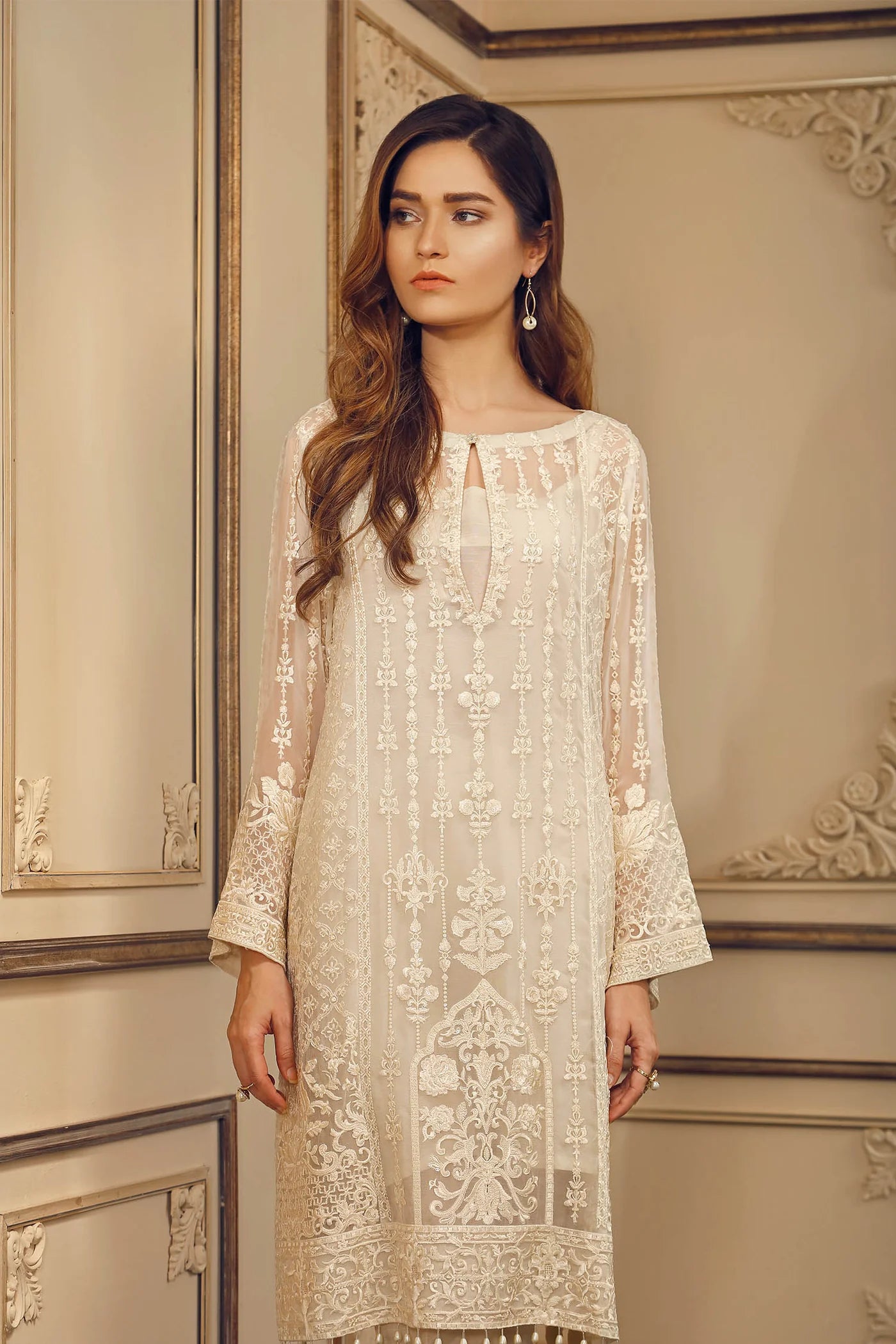 Chantelle Embroidered Unstitched 3-Piece Suit - Pearl White Luxury Collection