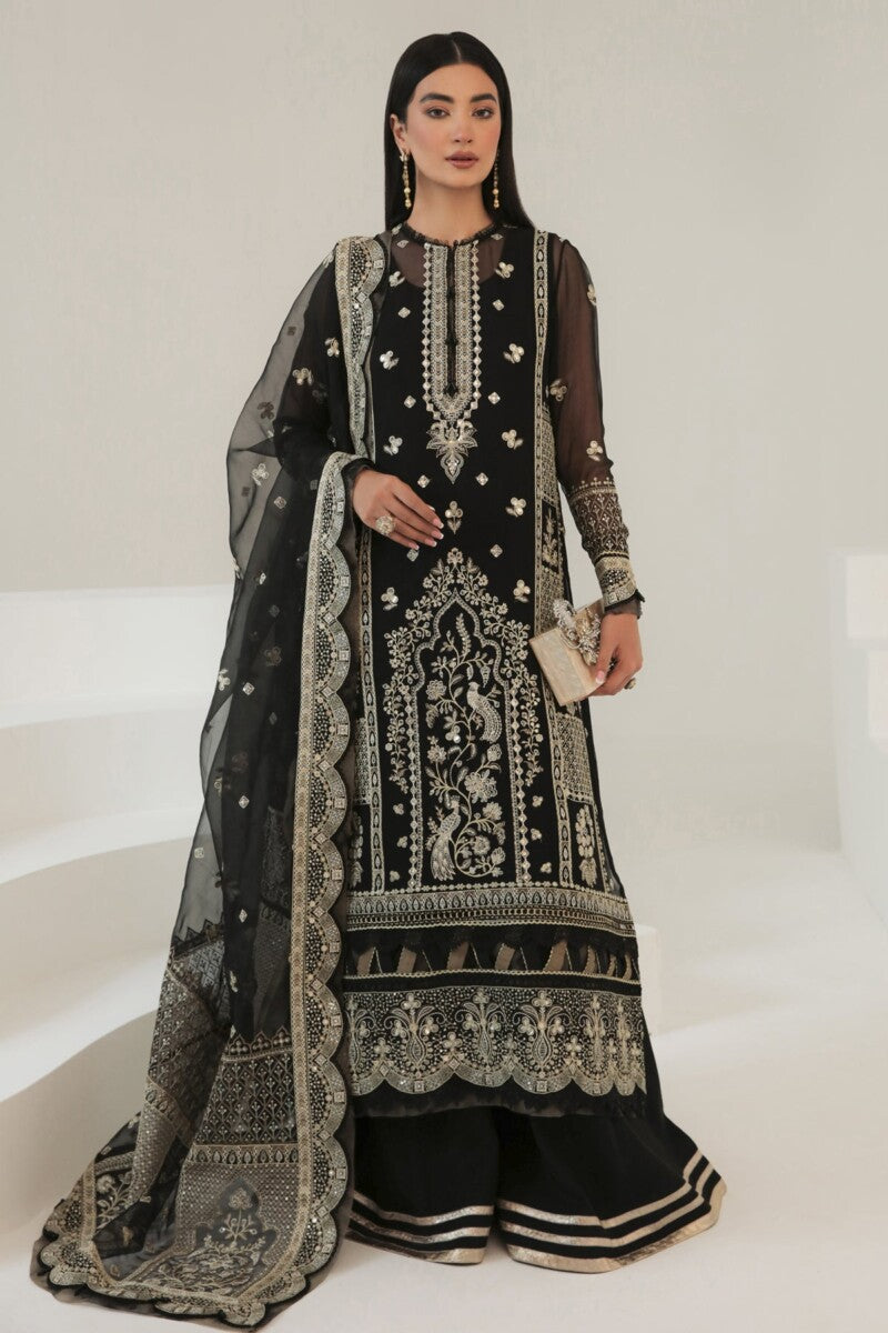 Jazmin Embroidered Chiffon Unstitched 3-Piece Suit - Black & Silver Luxury Collection