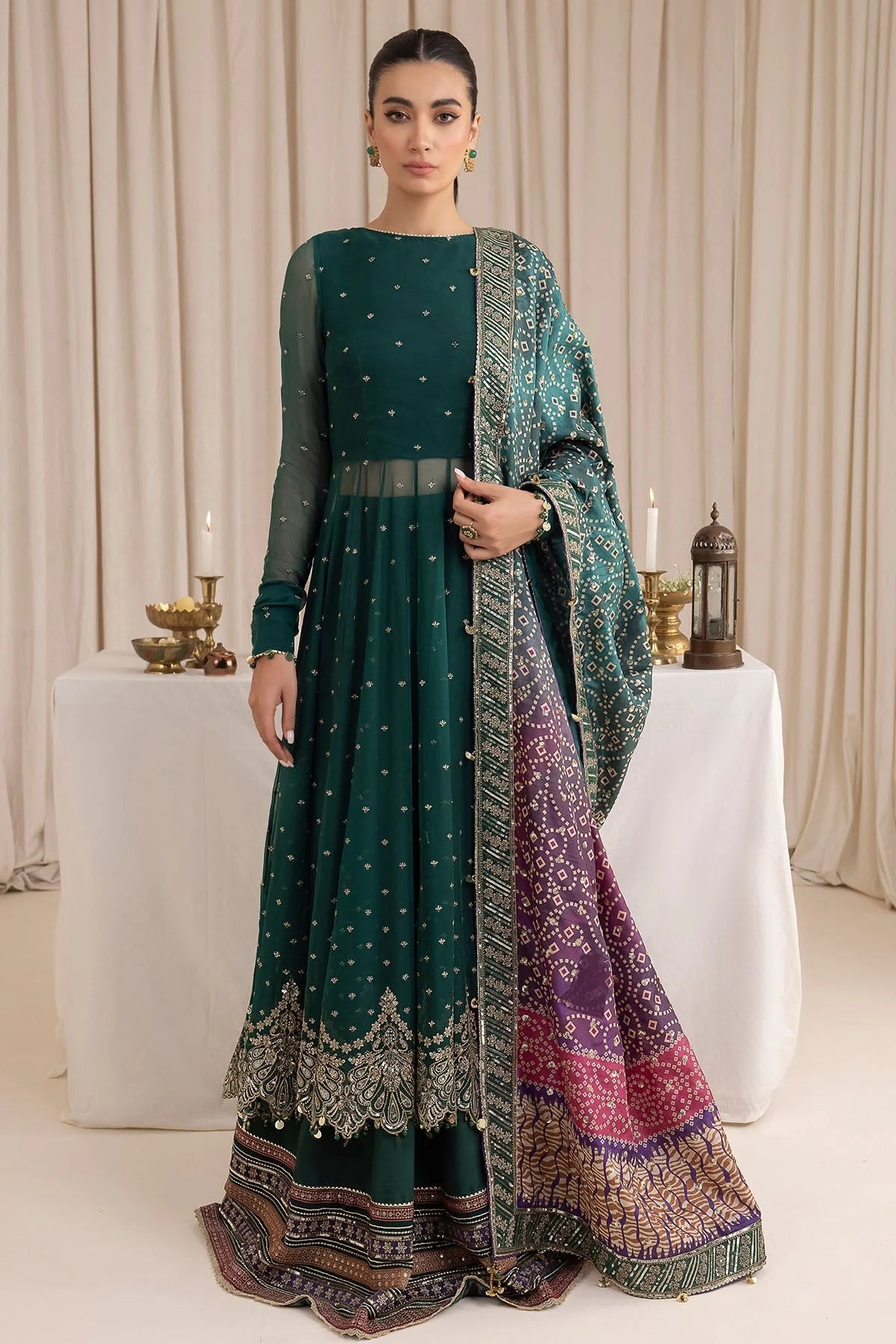 Jazmin Embroidered Chiffon Unstitched 3-Piece Suit - Emerald Green Ombre Luxury Collection